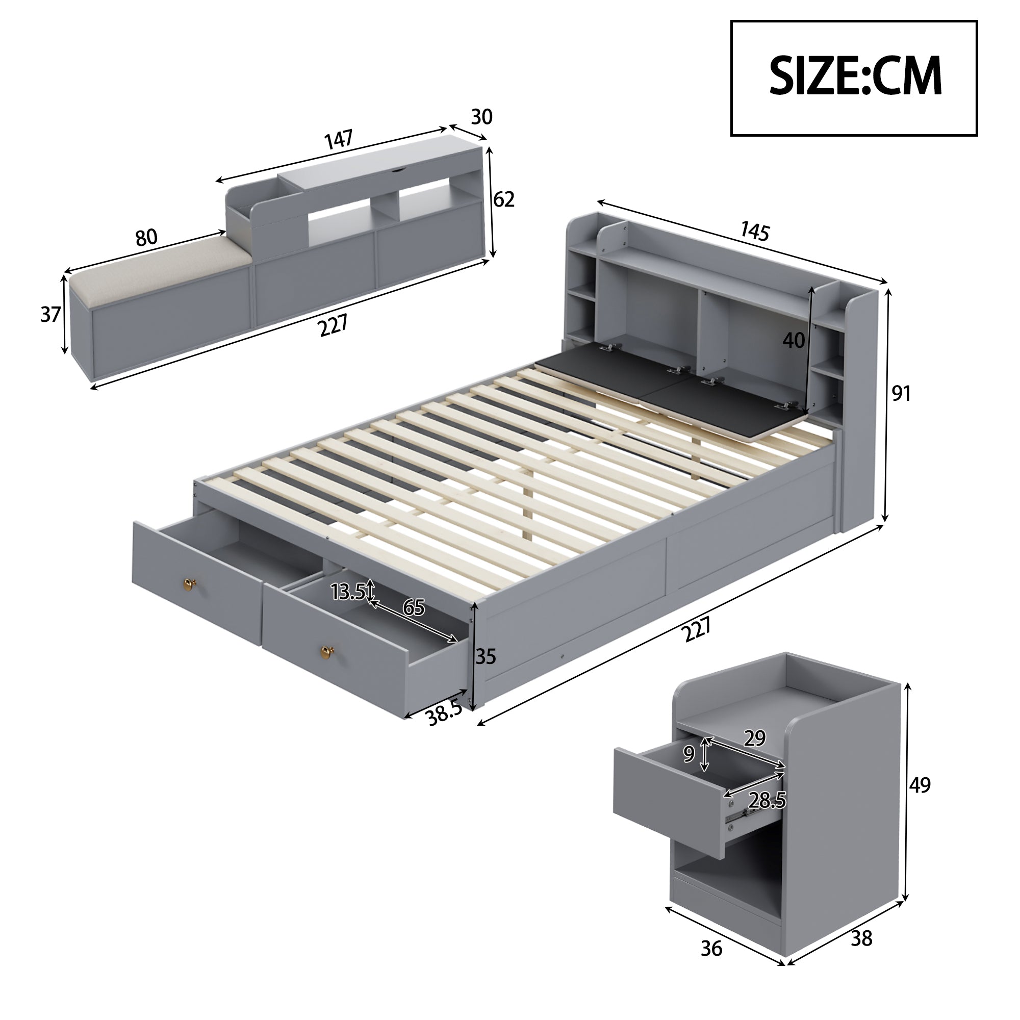 Solid Wood Combo Bed, 140x200cm with Storage & Sofa Bench, Gray
