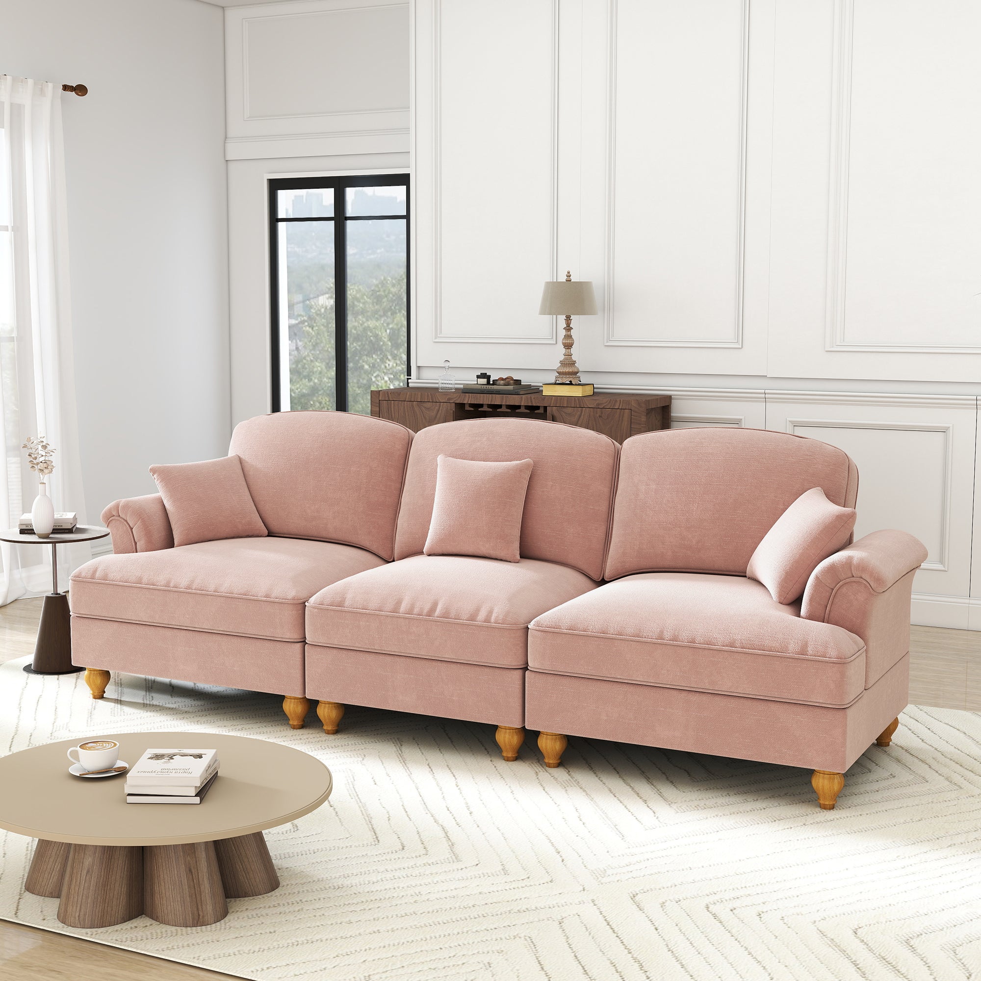 3-Seater Sofa Mid-Century Ruffled Apron Spindly Legs - Chenille Pink