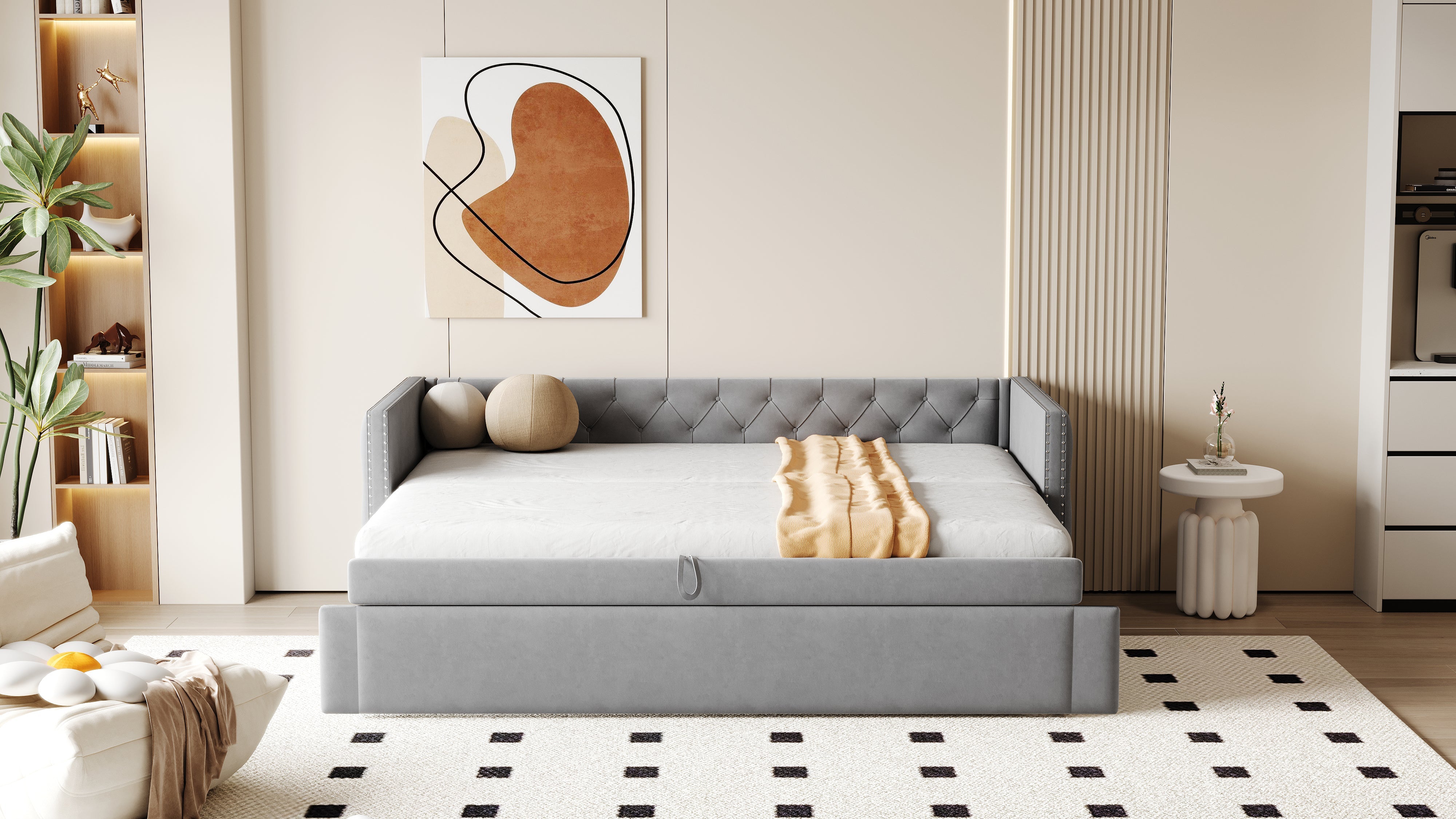 Upholstered Bed, Pull-Out Sofa Bed, 90x200cm, Classic, Guest Bed, Light Grey Velvet