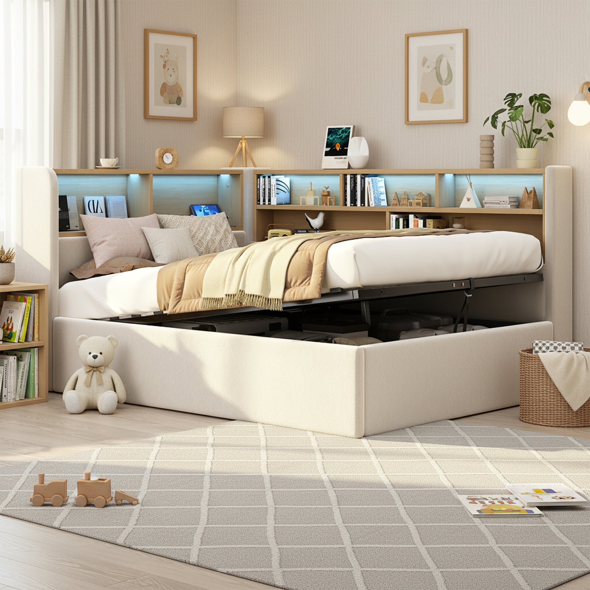 Daybed Upholstered Sofa Bed 90x200cm Hydraulic Storage LED USB Beige Velvet