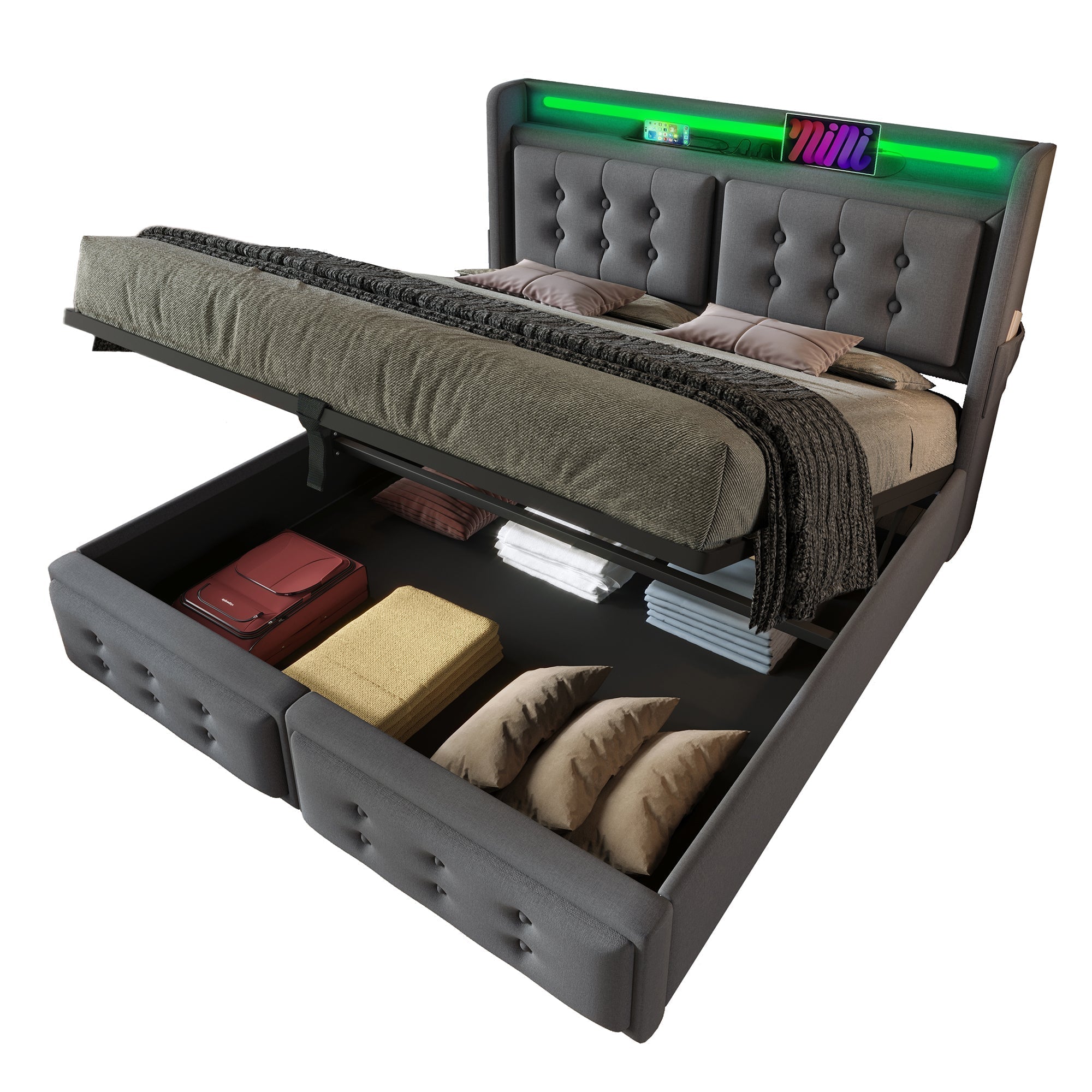 Upholstered Bed 140x200 Double LED Headboard USB C Hydraulic Storage, Grey Cotton