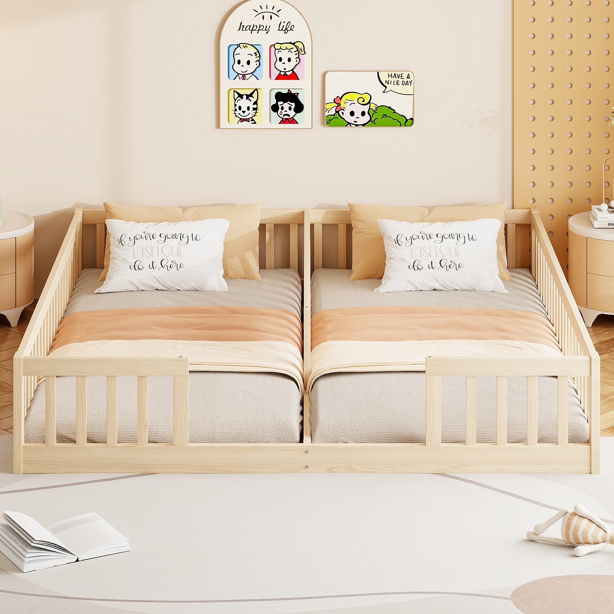 Panel Bed with Guardrails and Slatted Base, 90 x 200 cm, Pine Wood Natural