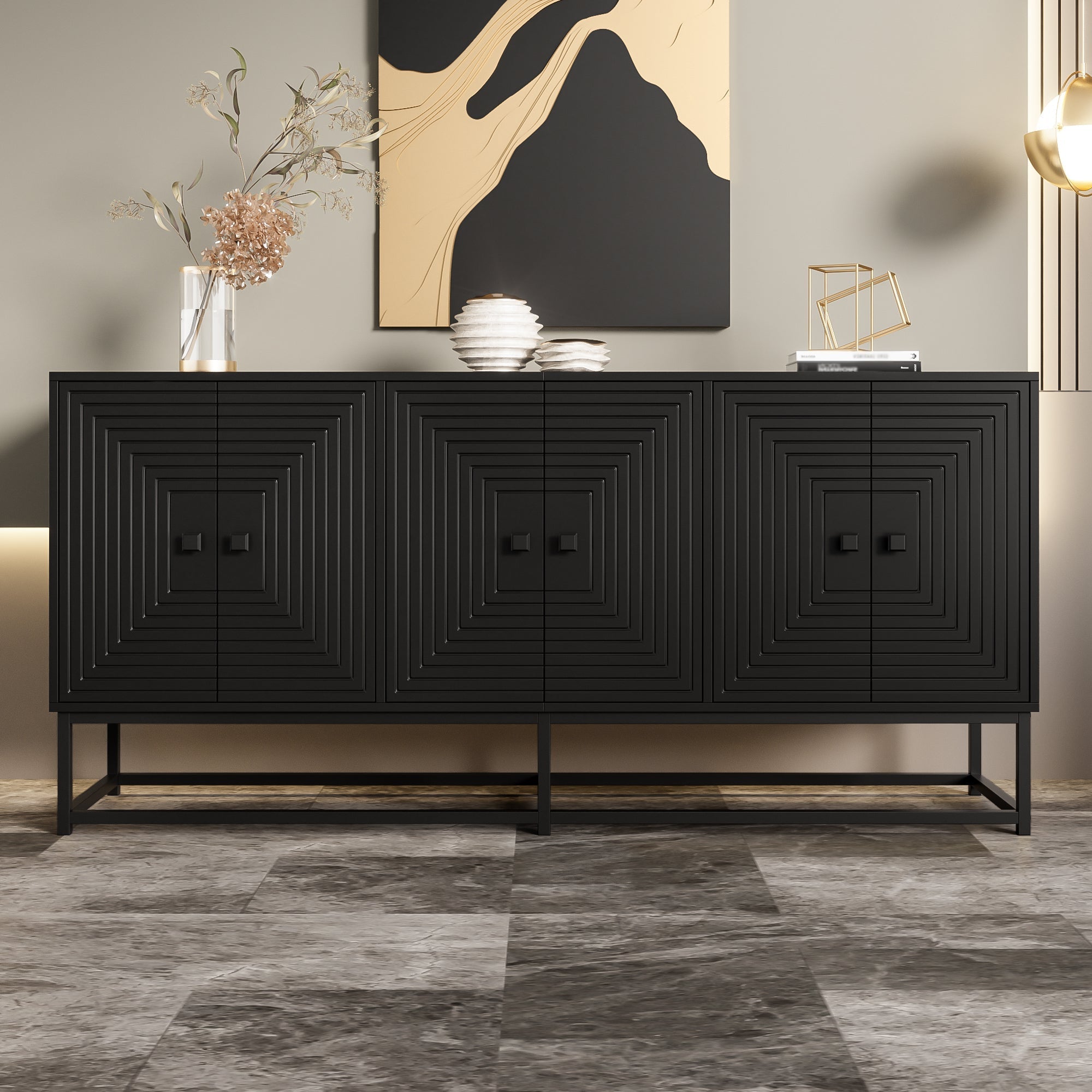 Sideboard Cabinet 3 Double Doors Large Storage Matte Finish - Black