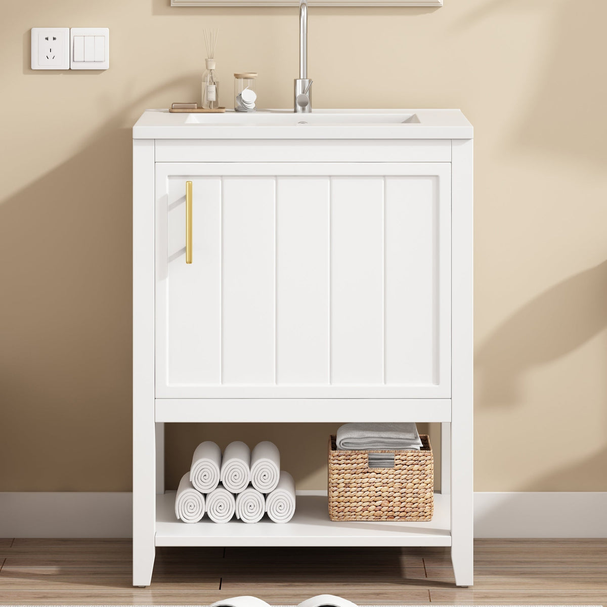 Bathroom Vanity Unit 60cm with Ceramic Washbasin & Shelf, White