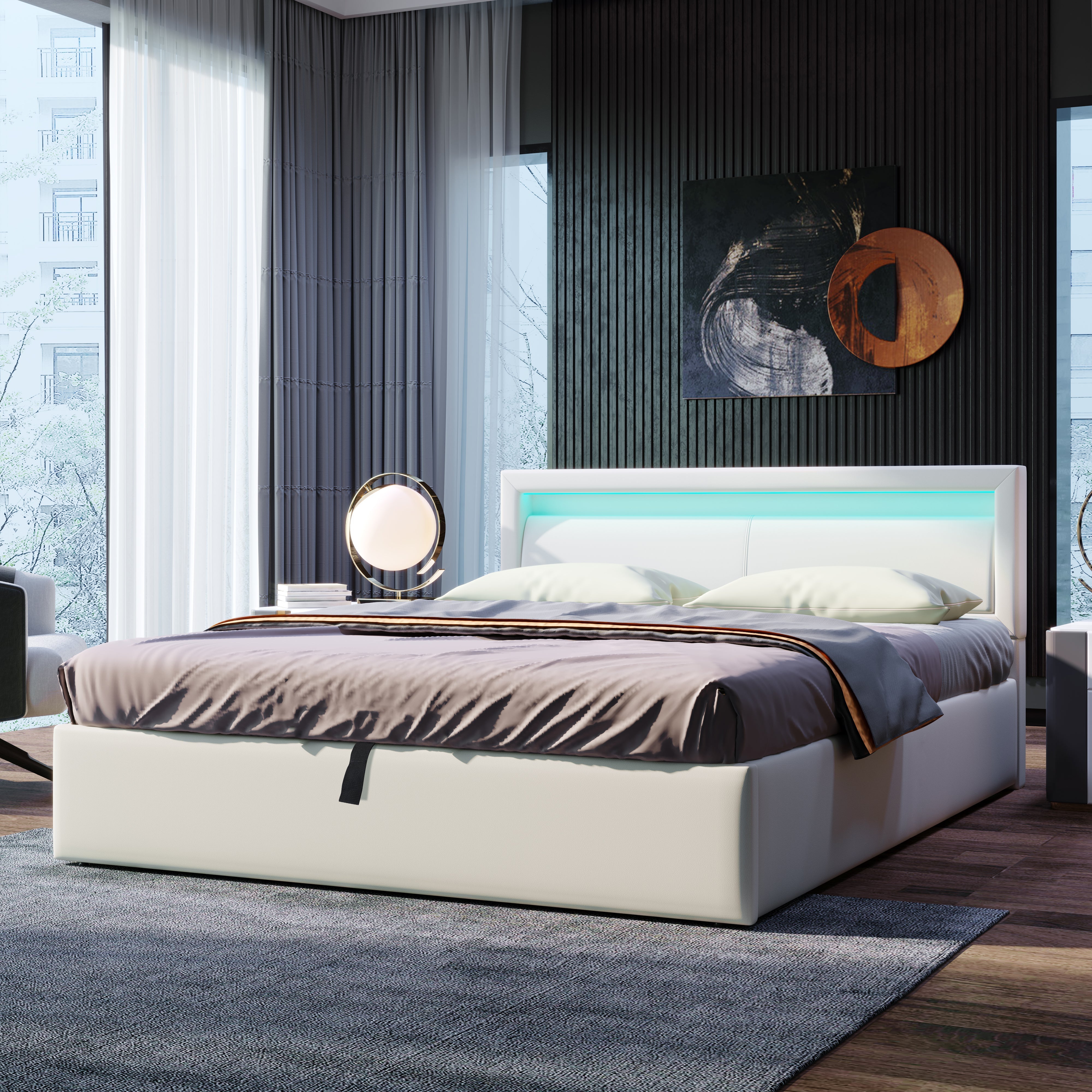 Upholstered LED Bed 140x190cm Storage & Illuminated Headboard Faux Leather White