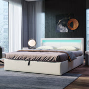 Upholstered Bed 140x200cm LED Storage Slatted Frame - White Faux Leather