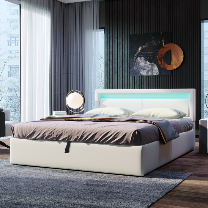 Upholstered Bed 140x200cm LED Storage Slatted Frame - White Faux Leather