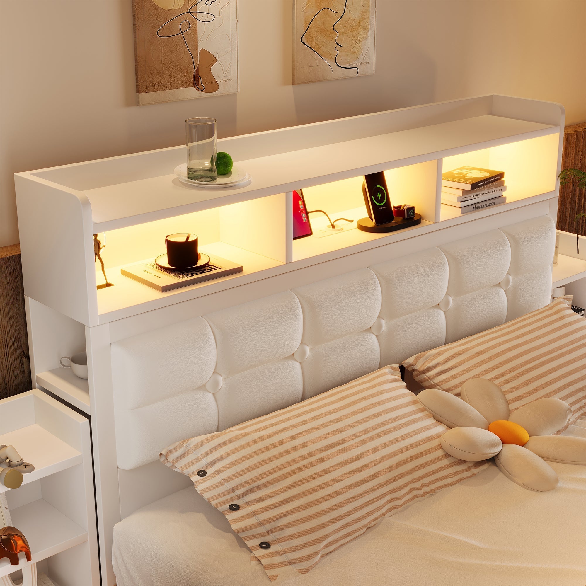 Double Bed 140x190cm 2 Pull-out Nightstands Storage USB/Type-C LED - White