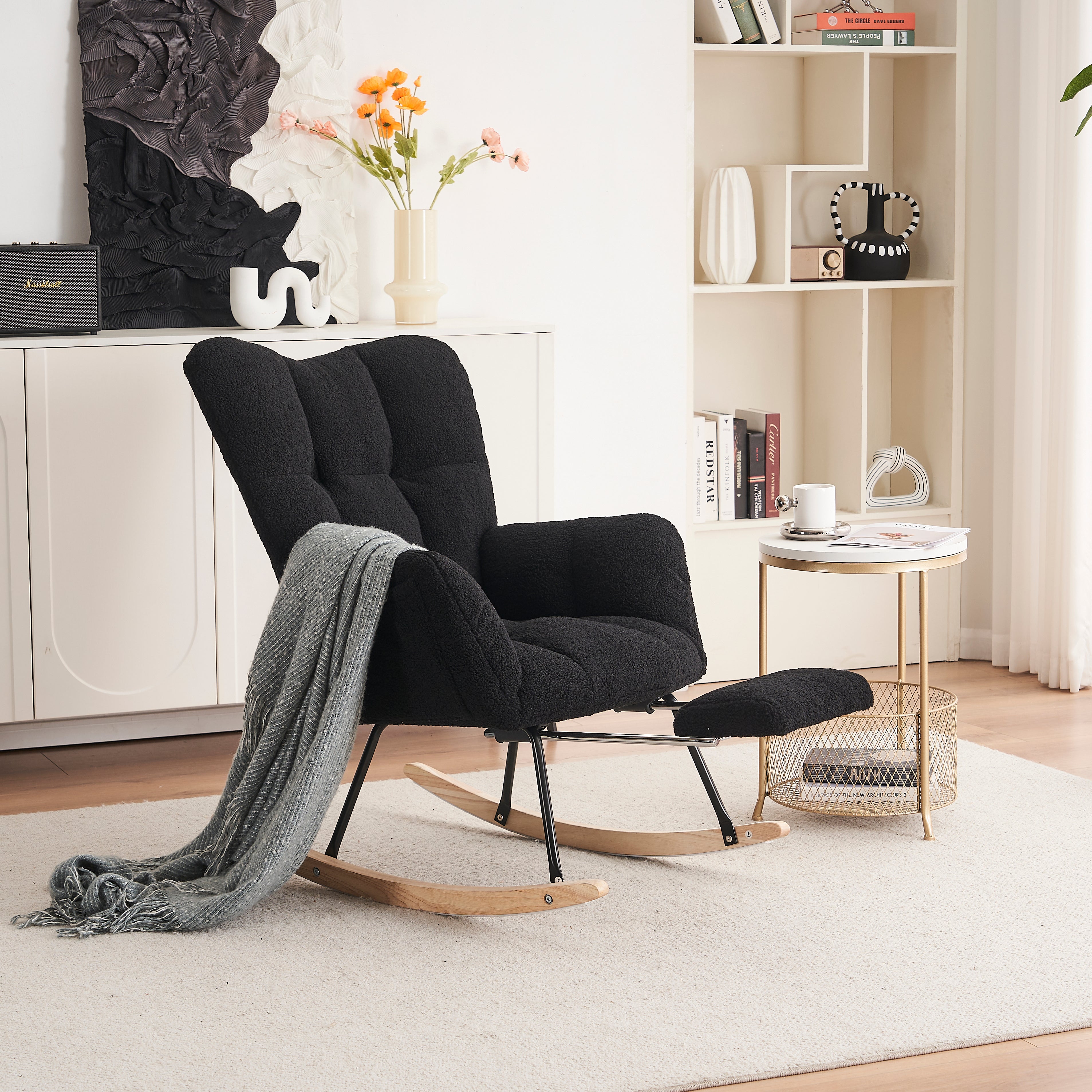 Modern Rocking Chair, Upholstered with Extendable Footrest, Black Teddy Taffeta