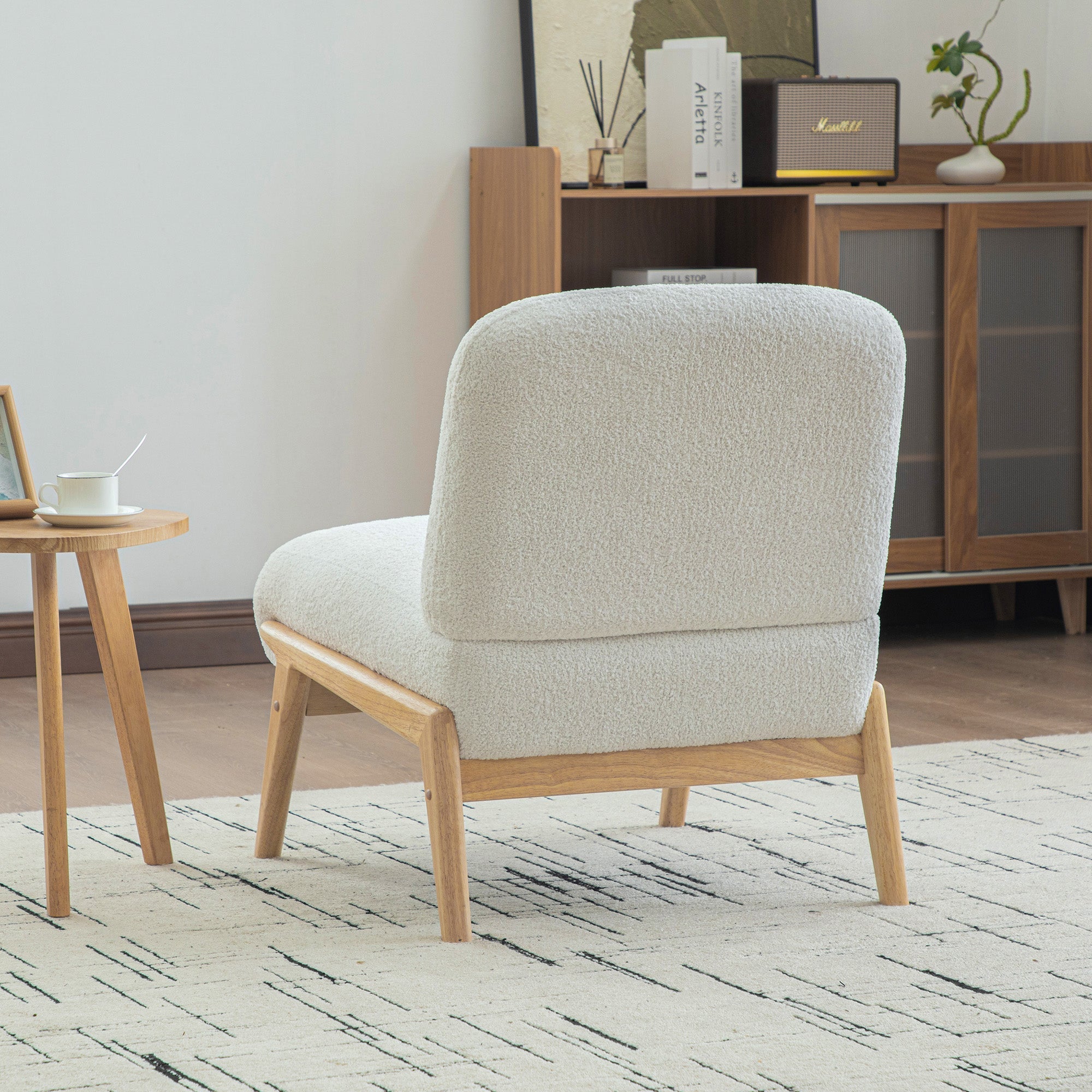 Scandinavian Lounge Chair with Wooden Frame and Soft Chenille Fabric, Ivory