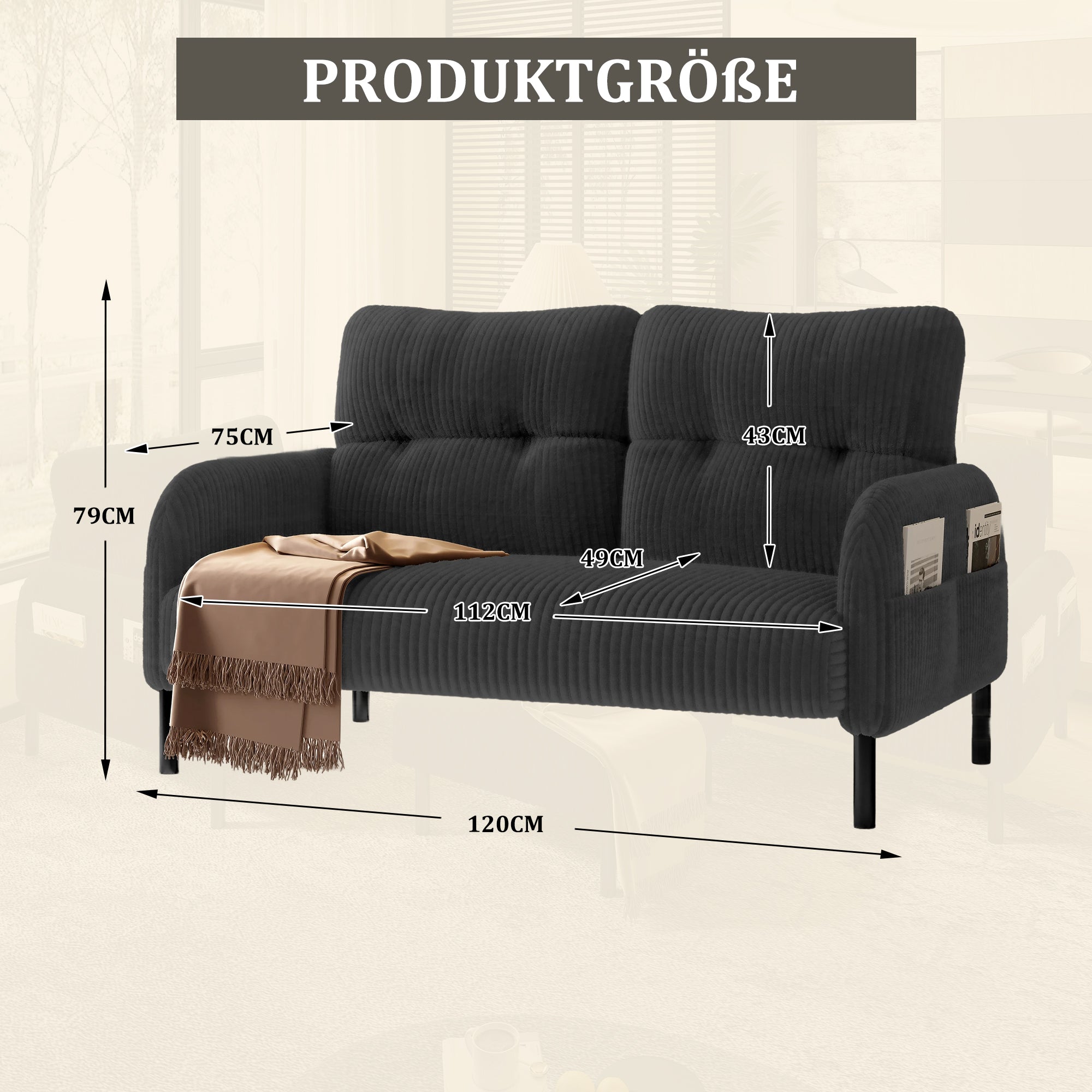 Corduroy Two-Seater Sofa, Comfort Padding High Backrest Side Pockets, Metal Feet