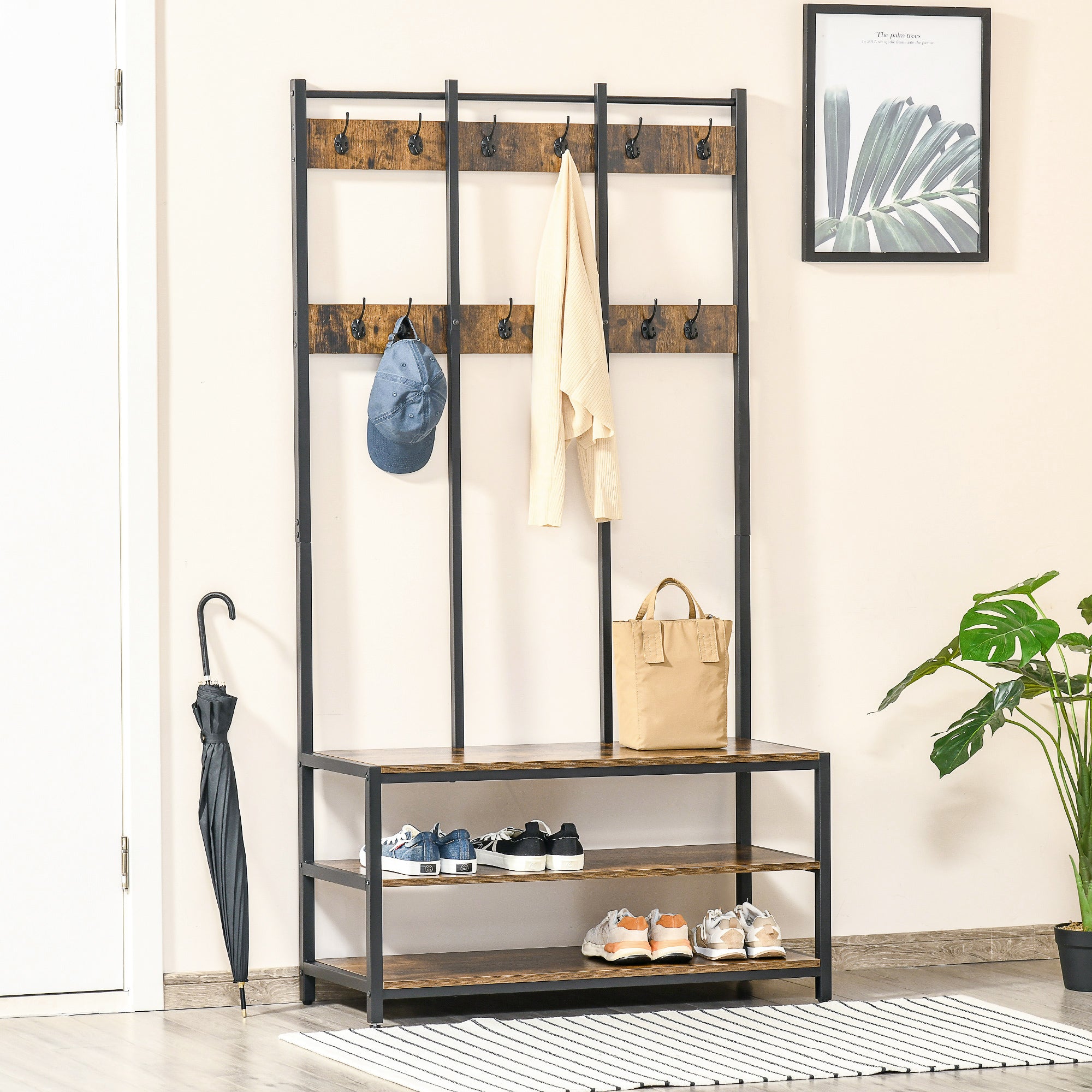 Coat Rack Stand Hall Tree with Hooks Bench Shoe Rack, Rustic Brown and Black