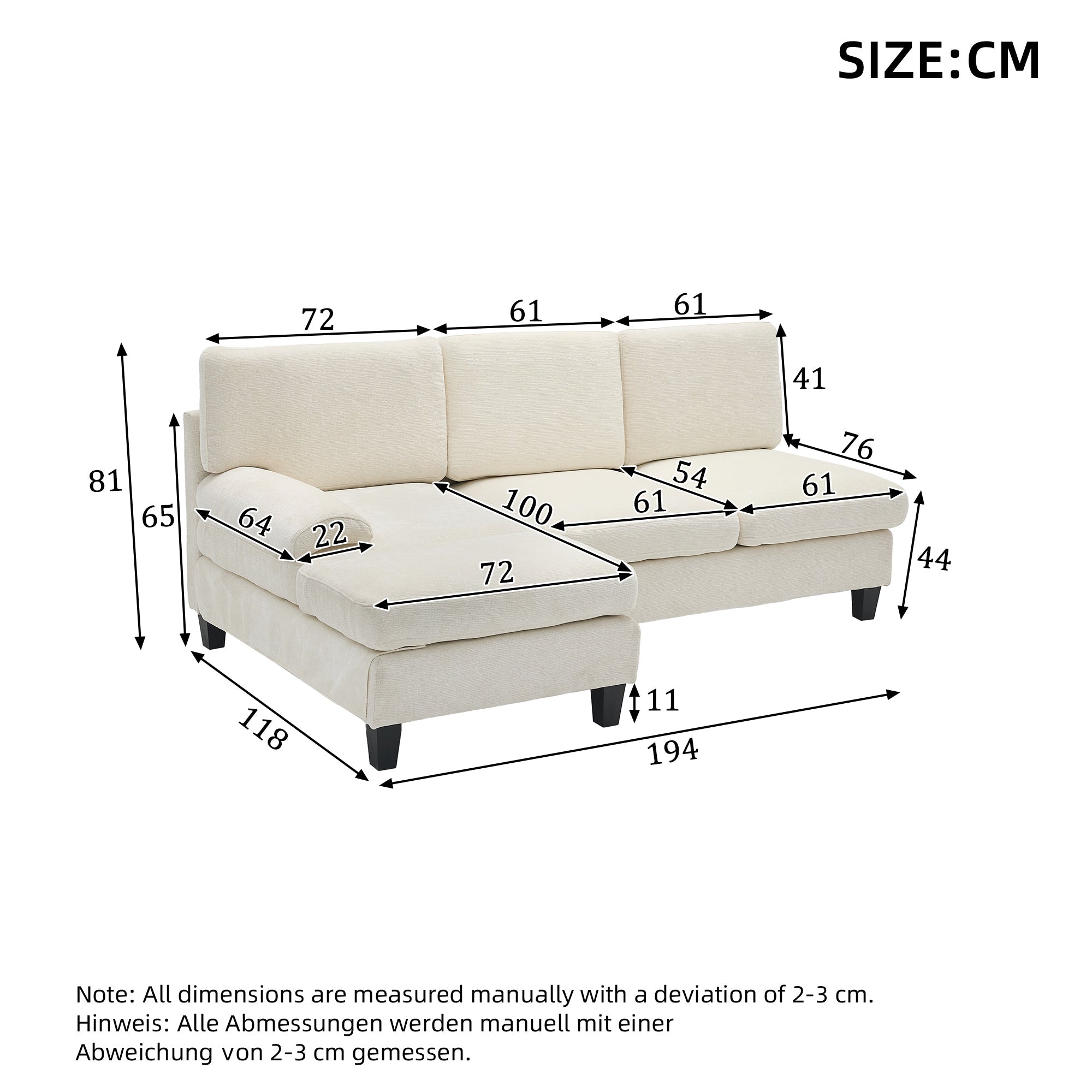 L-Shaped Sleeper Corner Sofa Upholstered 3-Seater Beige Linen