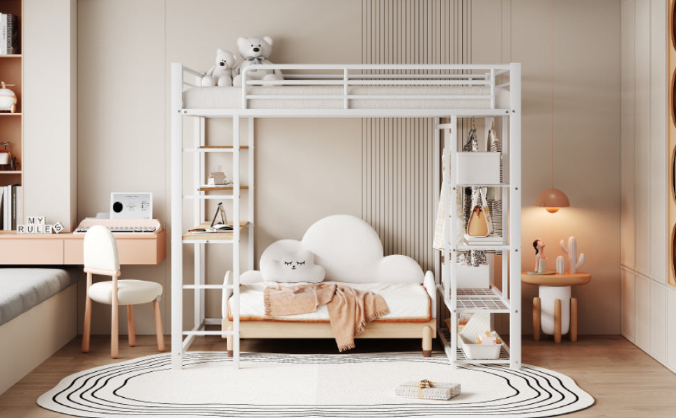 Metal Loft Bed, 140x200cm Junior Double with Desk & Storage, White