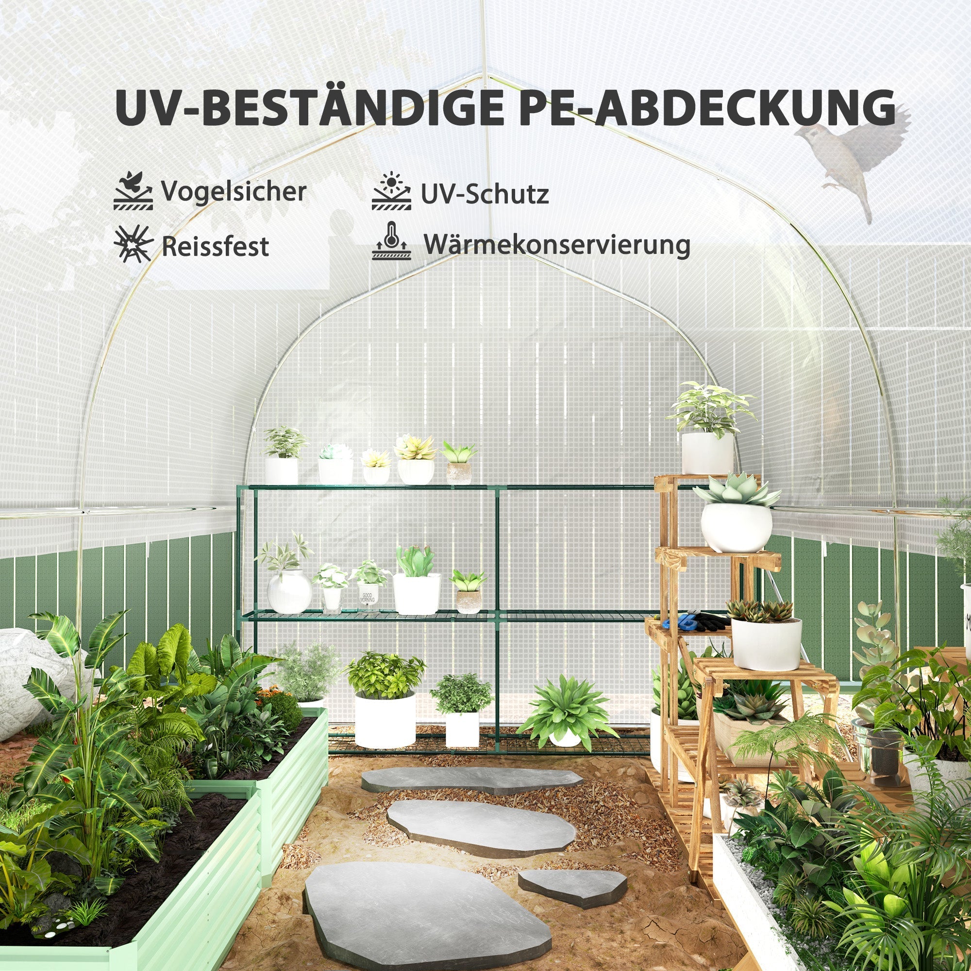Greenhouse Polytunnel, 3x2x2m, 4 Windows & Door, White