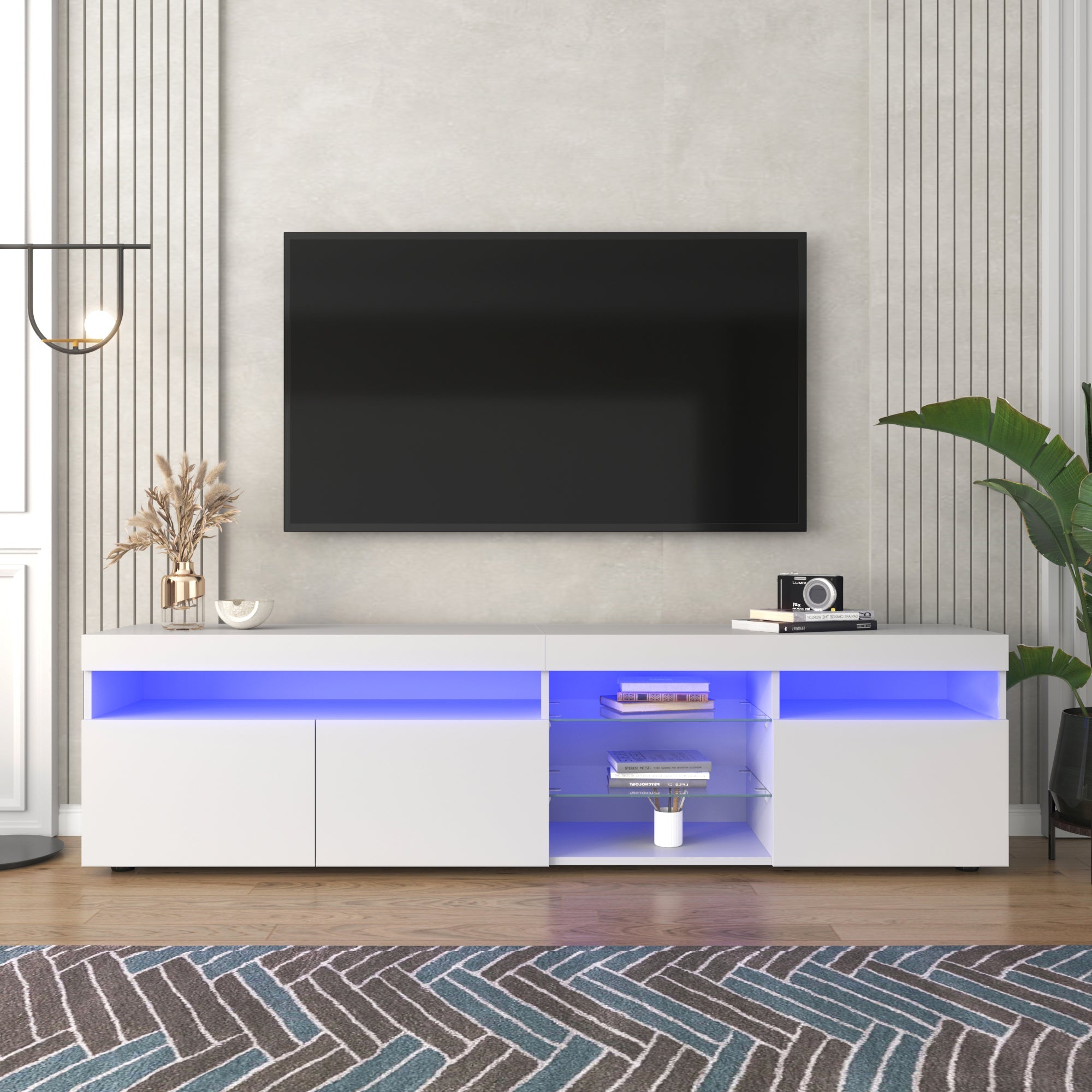 TV Cabinet, Modern with Bright Panel, Variable LED Lighting, 180cm, White