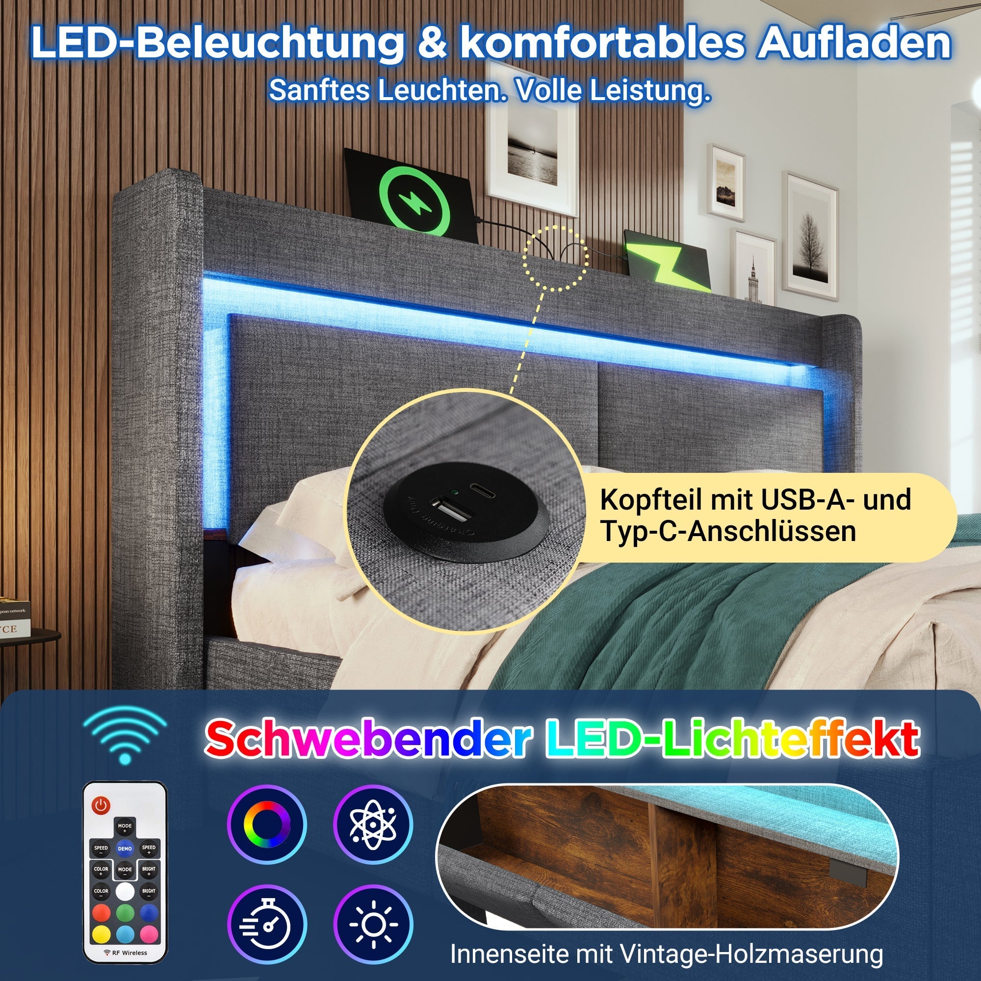 Upholstered Bed 160x200cm Hydraulic Storage Headboard Compartment LED USB/Type-C Linen Grey