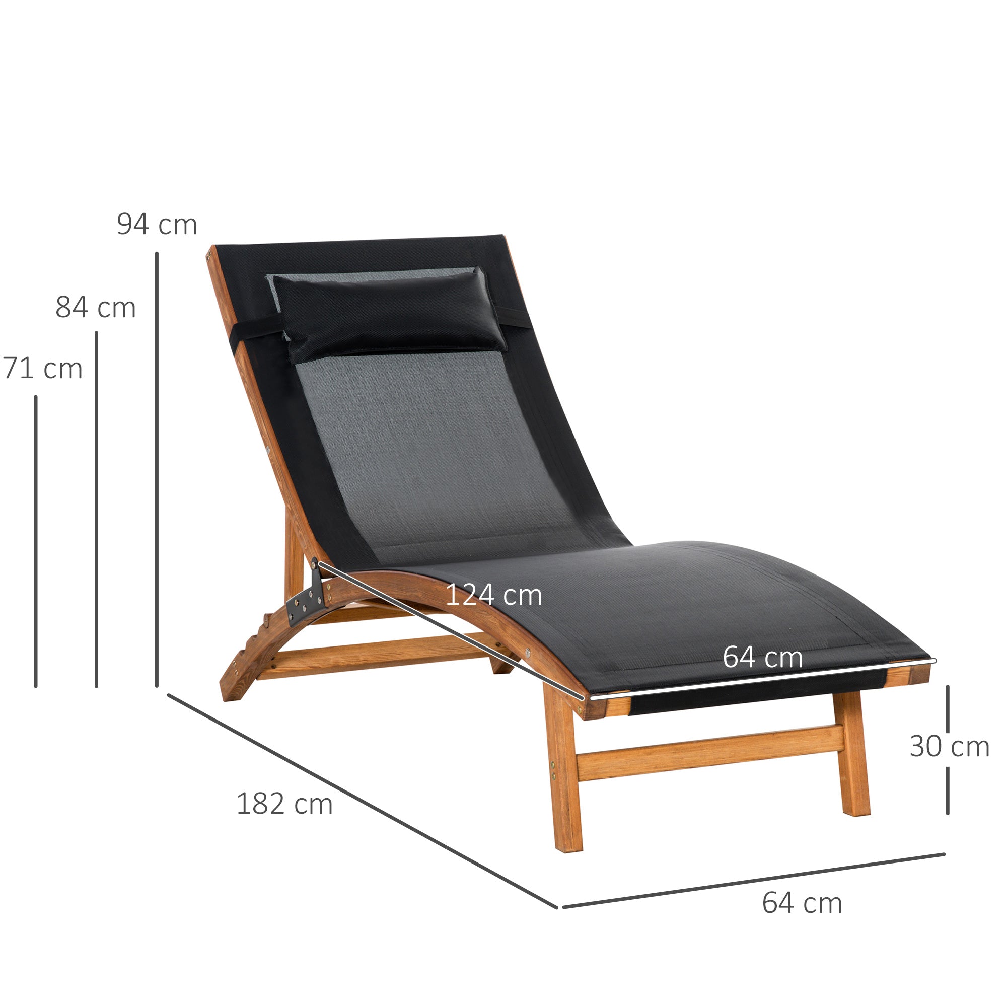 Ergonomic Patio Lounge Chair Outdoor Chaise with 3-Position Adjustable Back and Headrest Pillow, Wooden Black