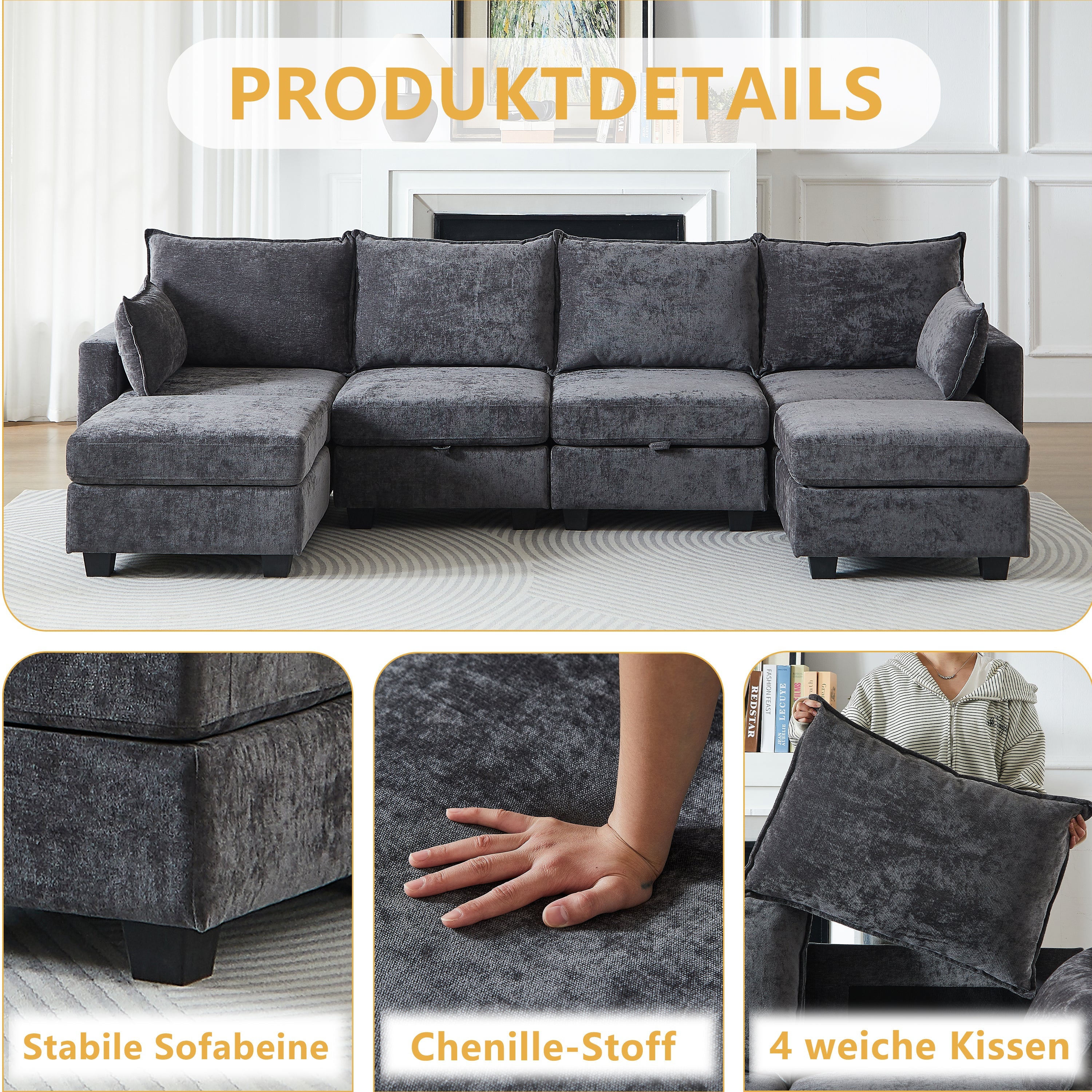 Modular Sofa U-Shaped 6-Seater Chaise Longue Storage Ottoman Chenille