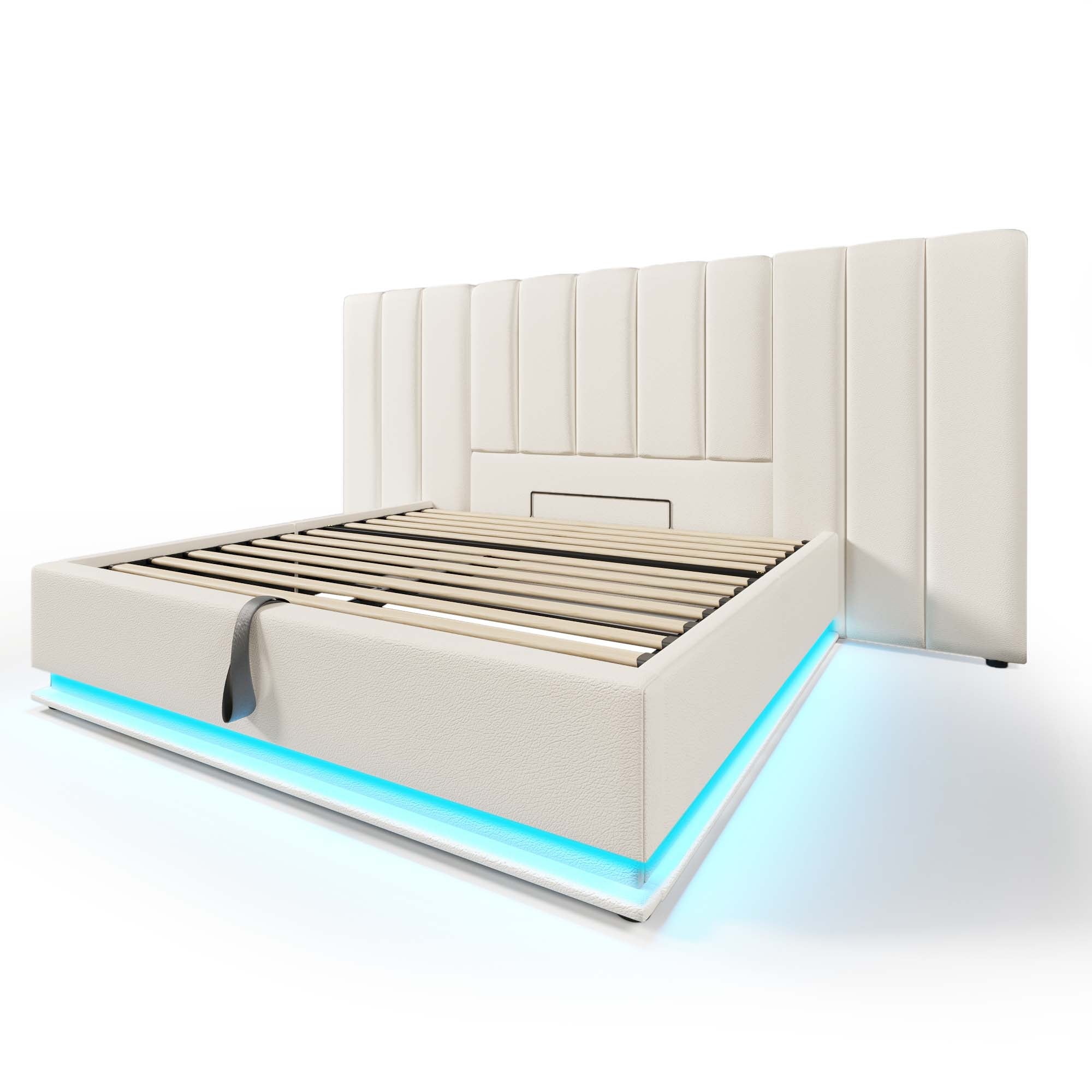 Upholstered Bed 180x200, Double Storage with App Control LED & USB-C, White PU