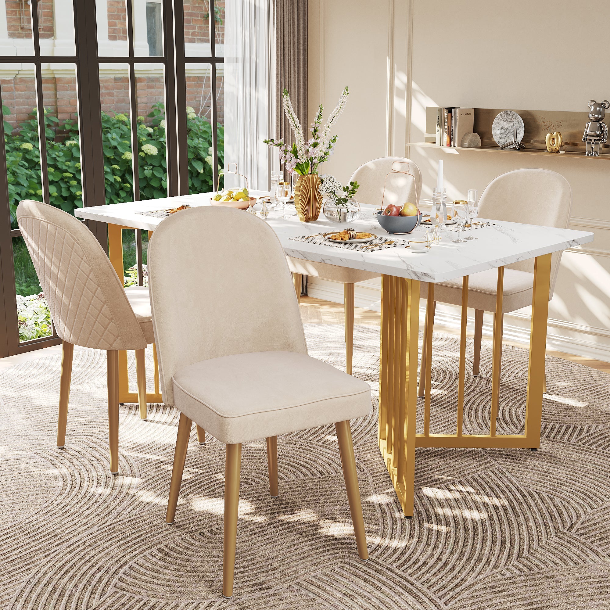 2 Dining Chairs Modern Comfortable Gold Metal Legs Beige Velvet