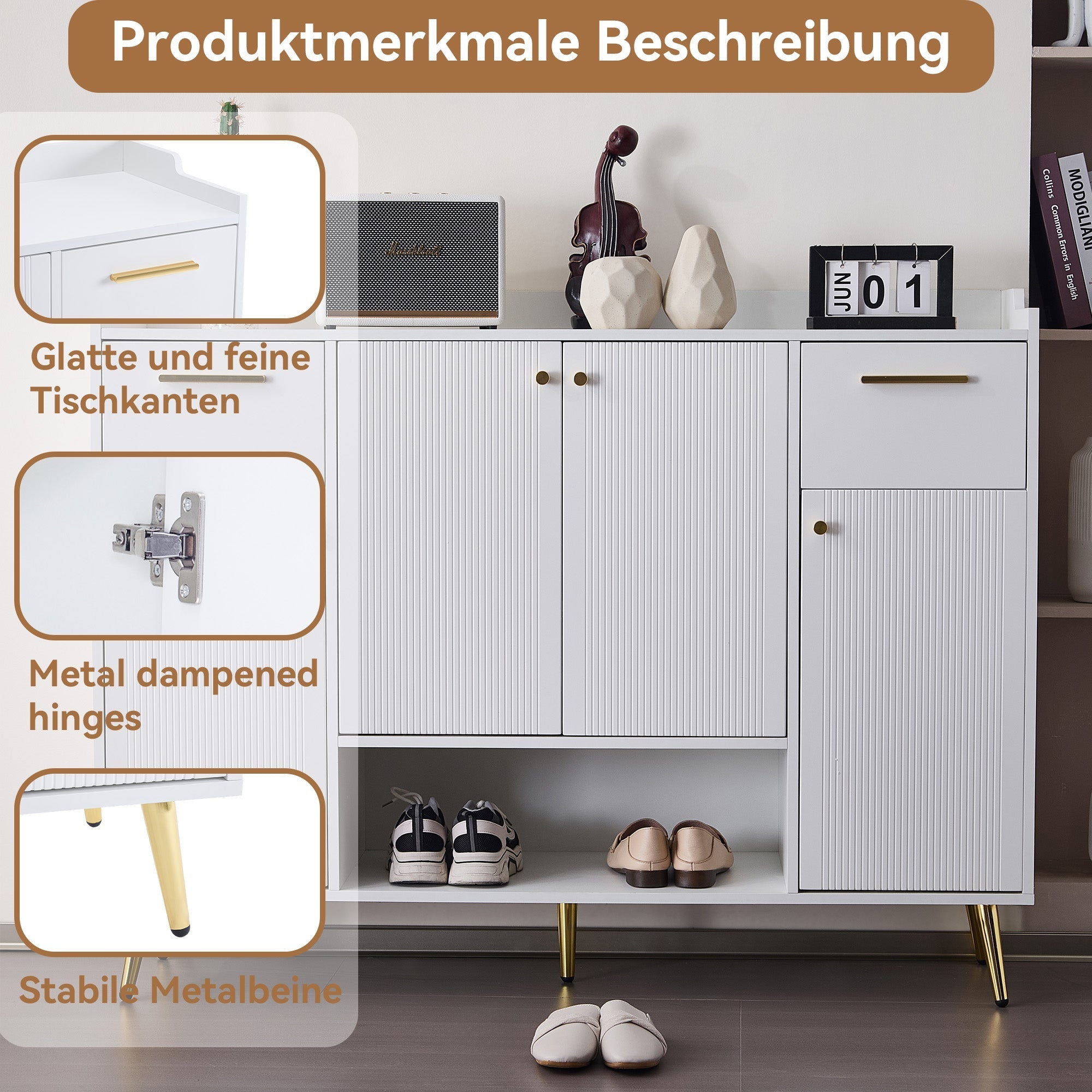 Shoe cabinet, shoe rack with 2 drawers and 4 doors, metal feet, white