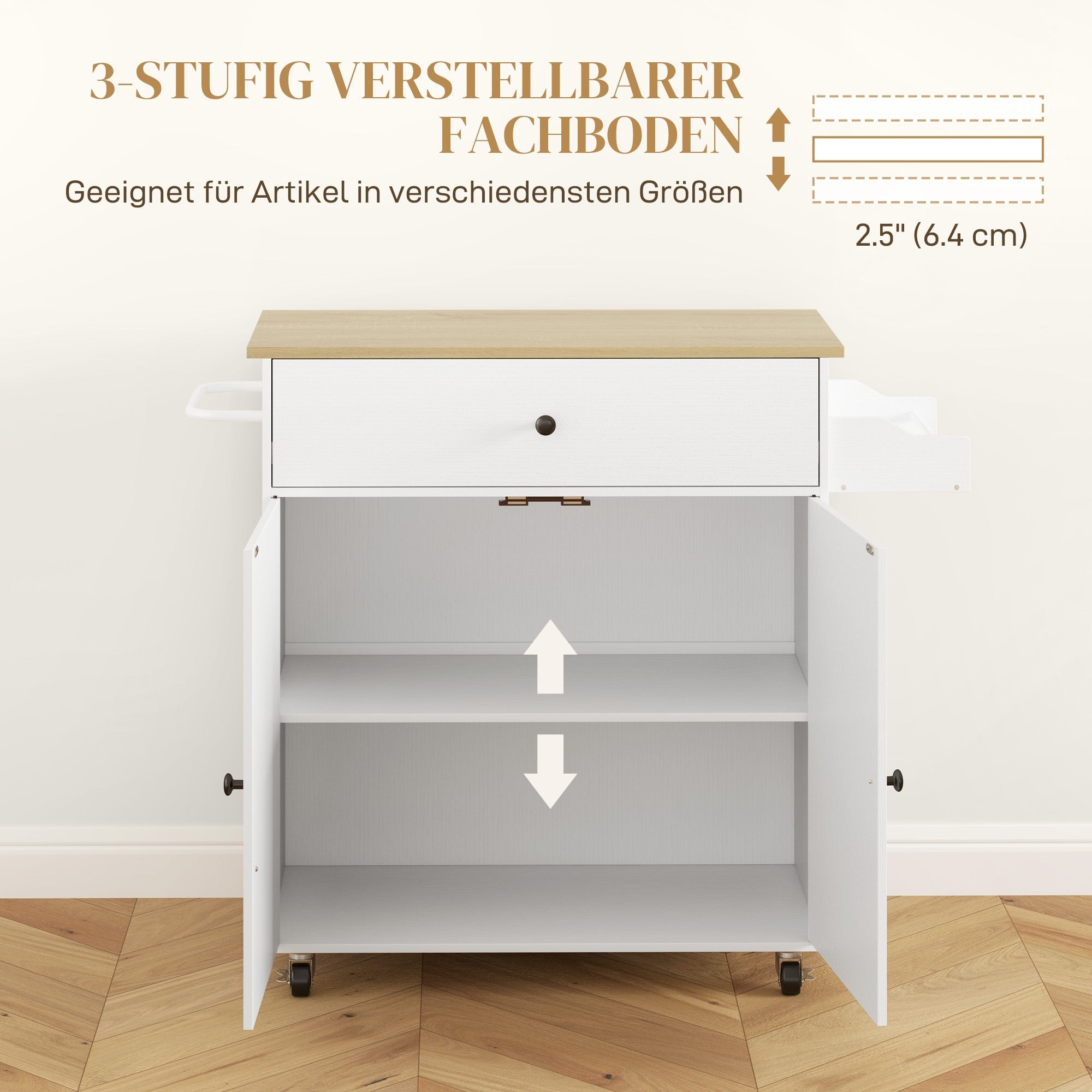 Kitchen Island, Folding Worktop & Storage, White