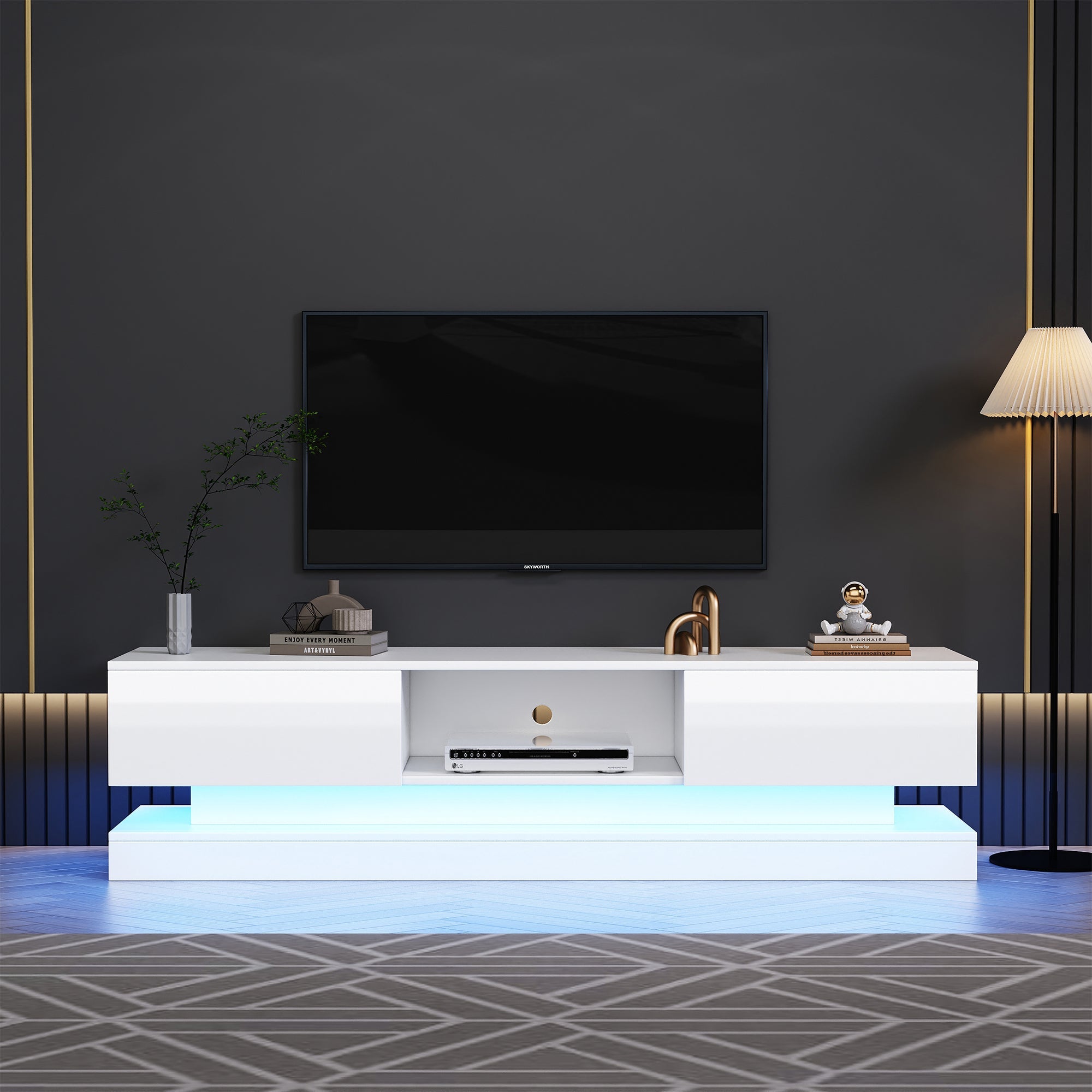 TV Cabinet with LED Lighting, 2-Drawer, Anti-Tip, for 60-inch TVs, White High-Gloss