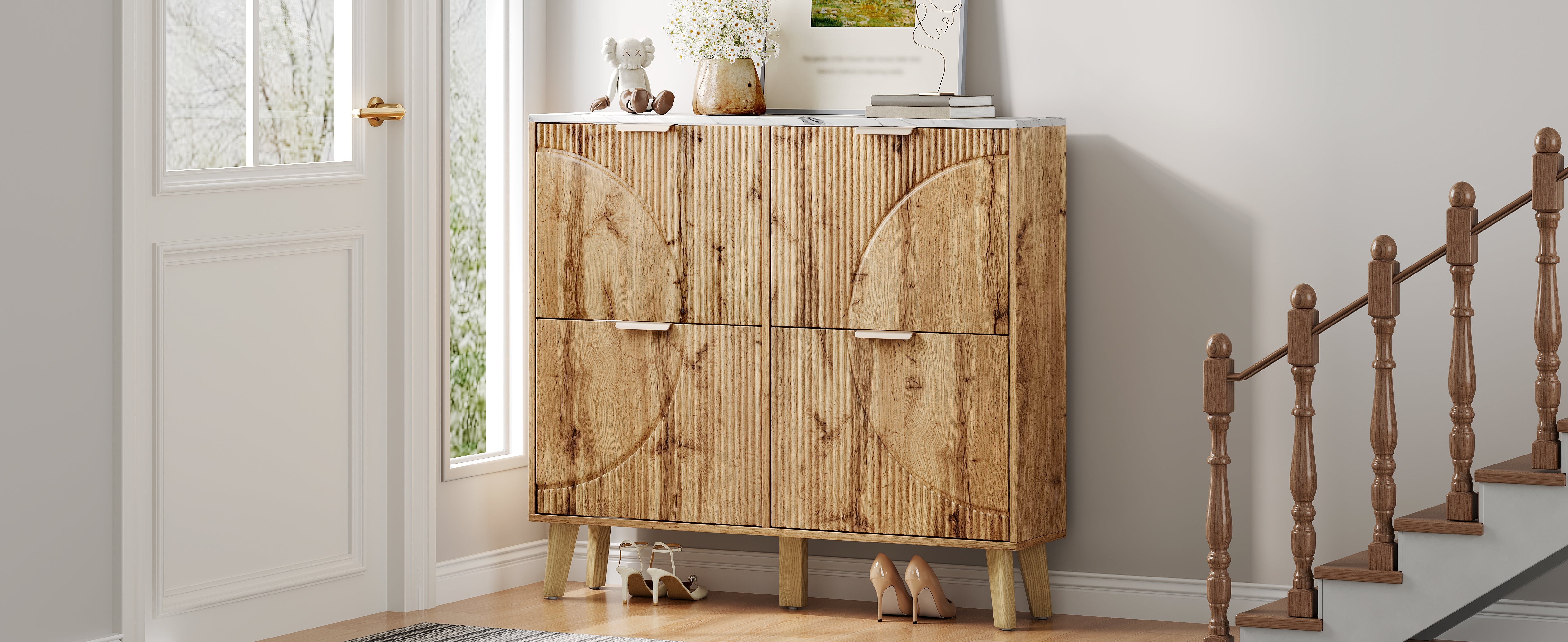 Shoe Cabinet with 4 Doors and Marble Look Worktop, Wood Look and Solid Wood Legs