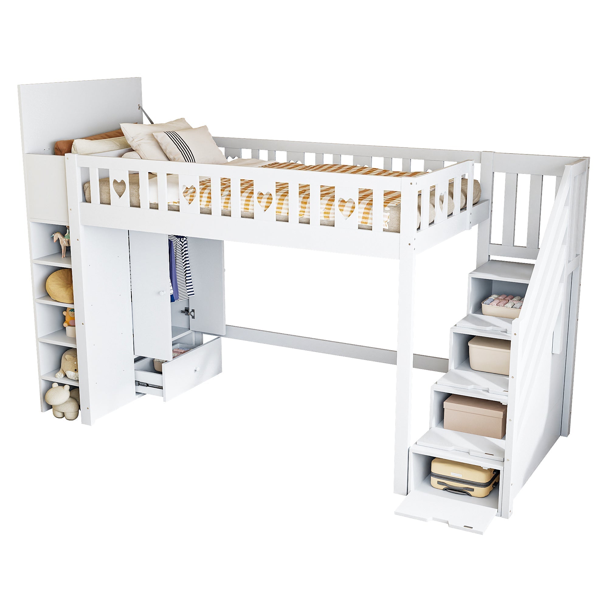 Loft Bed 90x200cm Storage Ladder Shelves Fold-Down Cabinet Love Railing - White