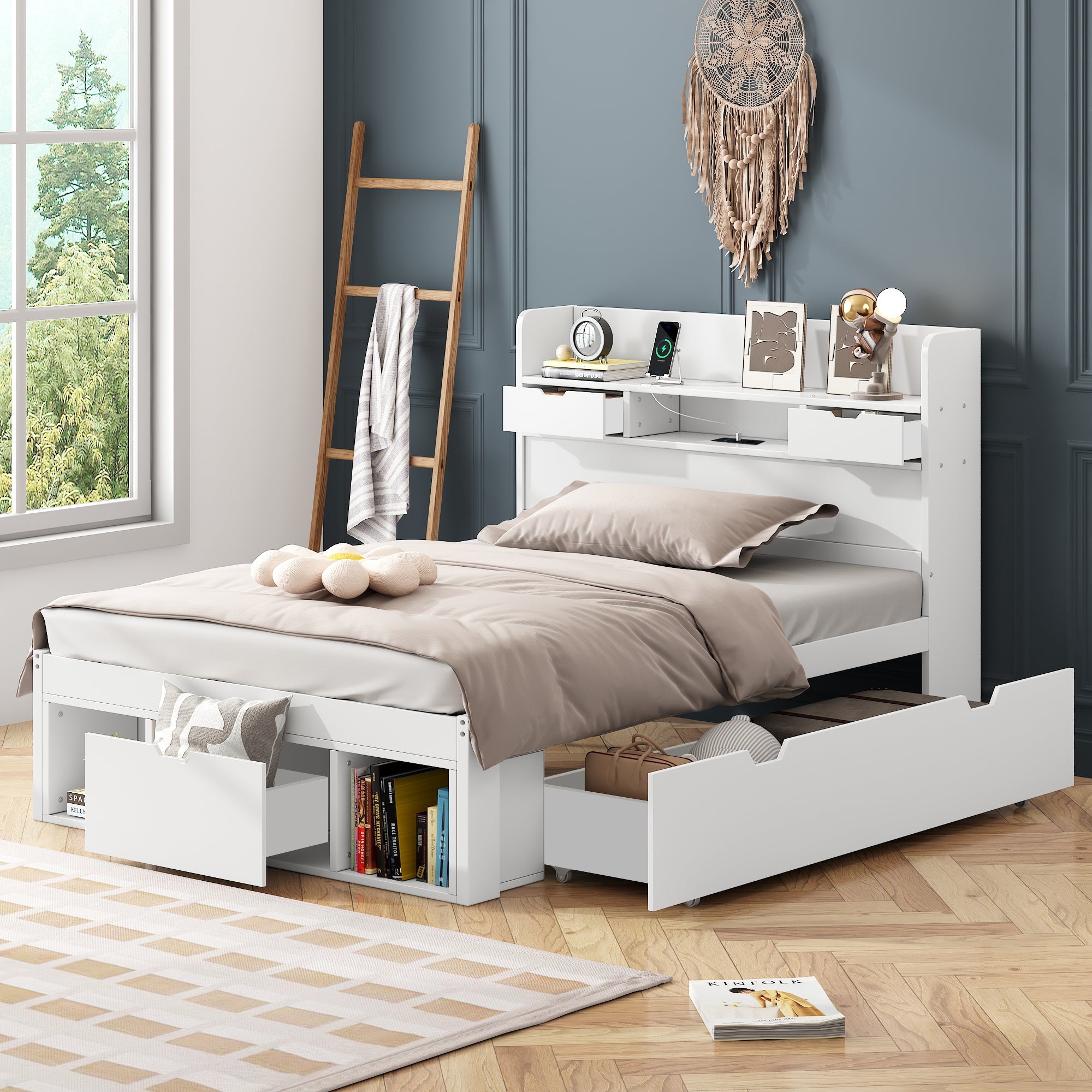 Single Bed Multifunctional 90x190cm with USB Port Drawer & Large Storage White