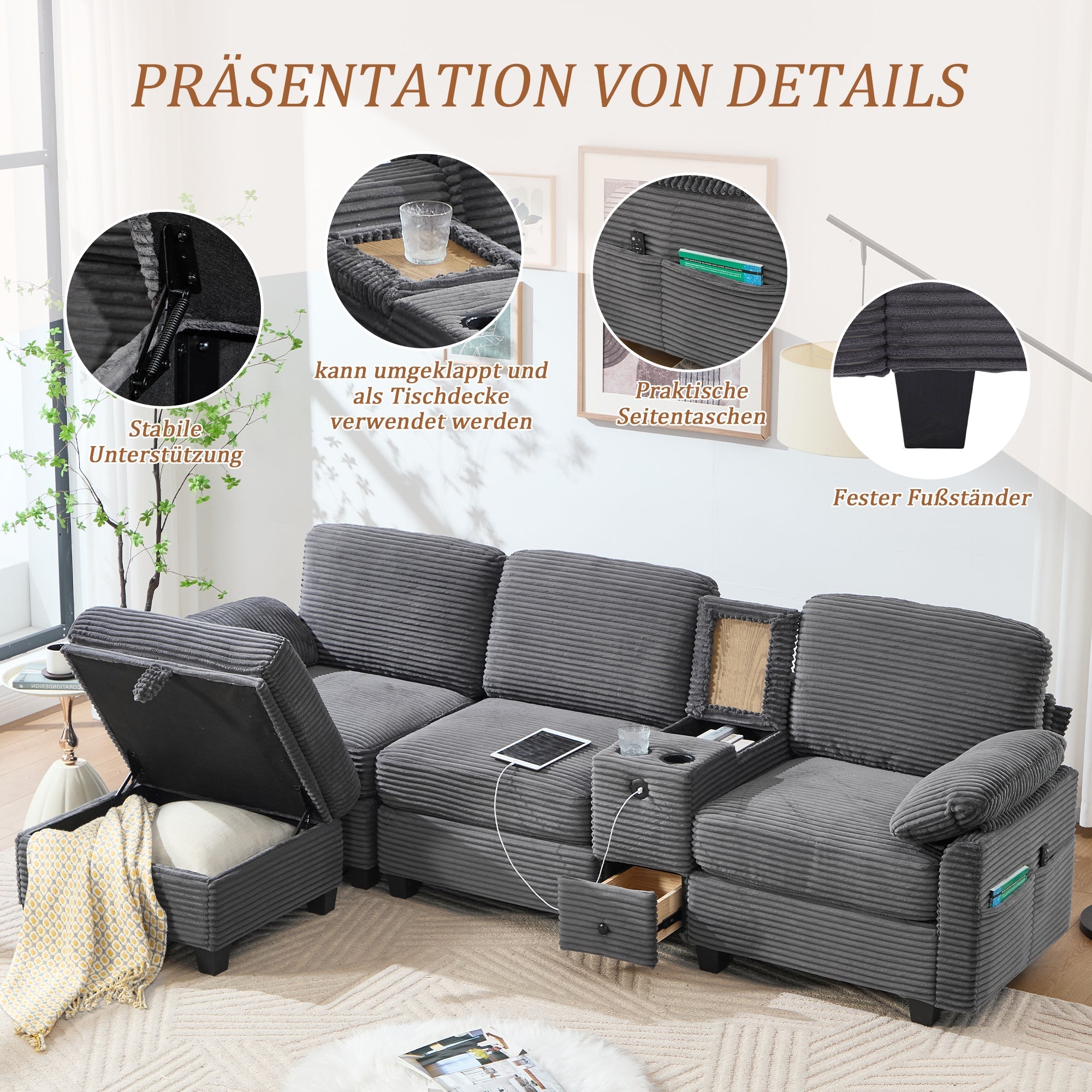 Sofa - Comfort Foam, Removable Console, USB-C, Storage Ottoman - Corduroy