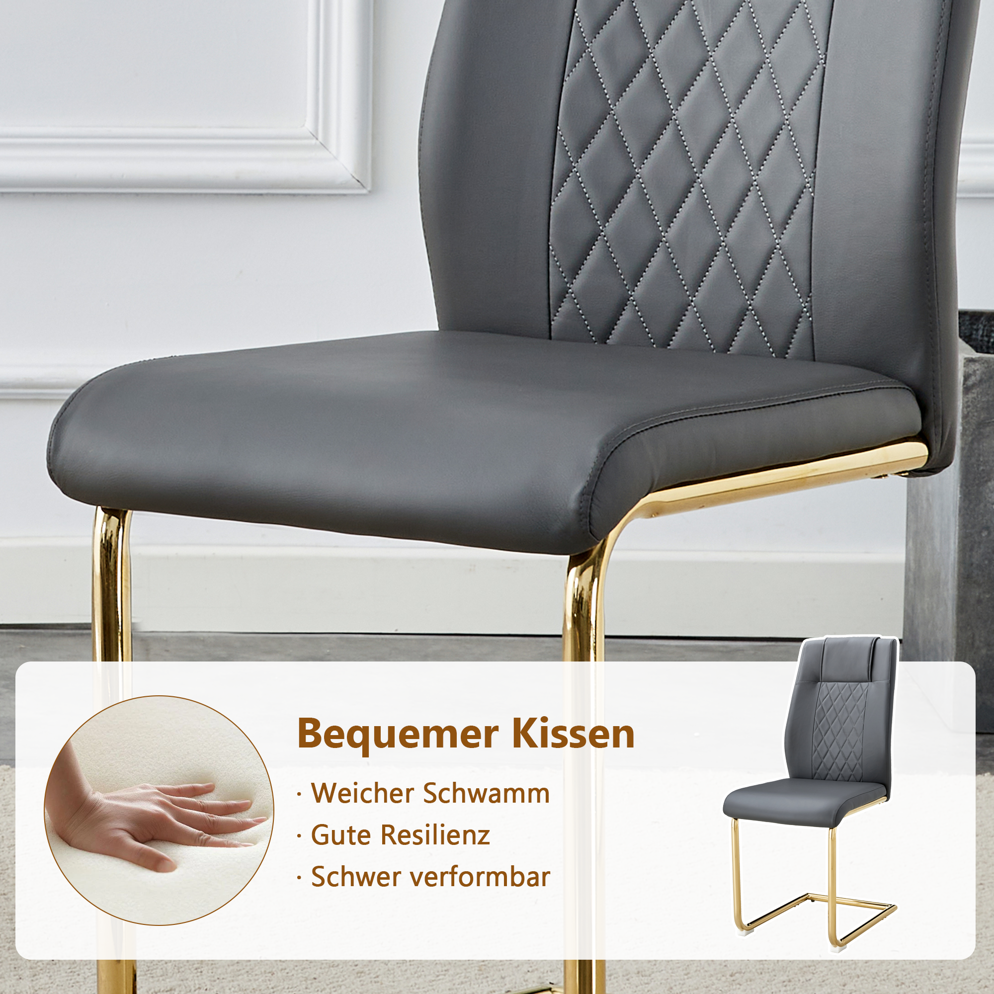 Dining Table Set - Glass 85cm 4 Chairs Gold Legs - Dark Grey PU