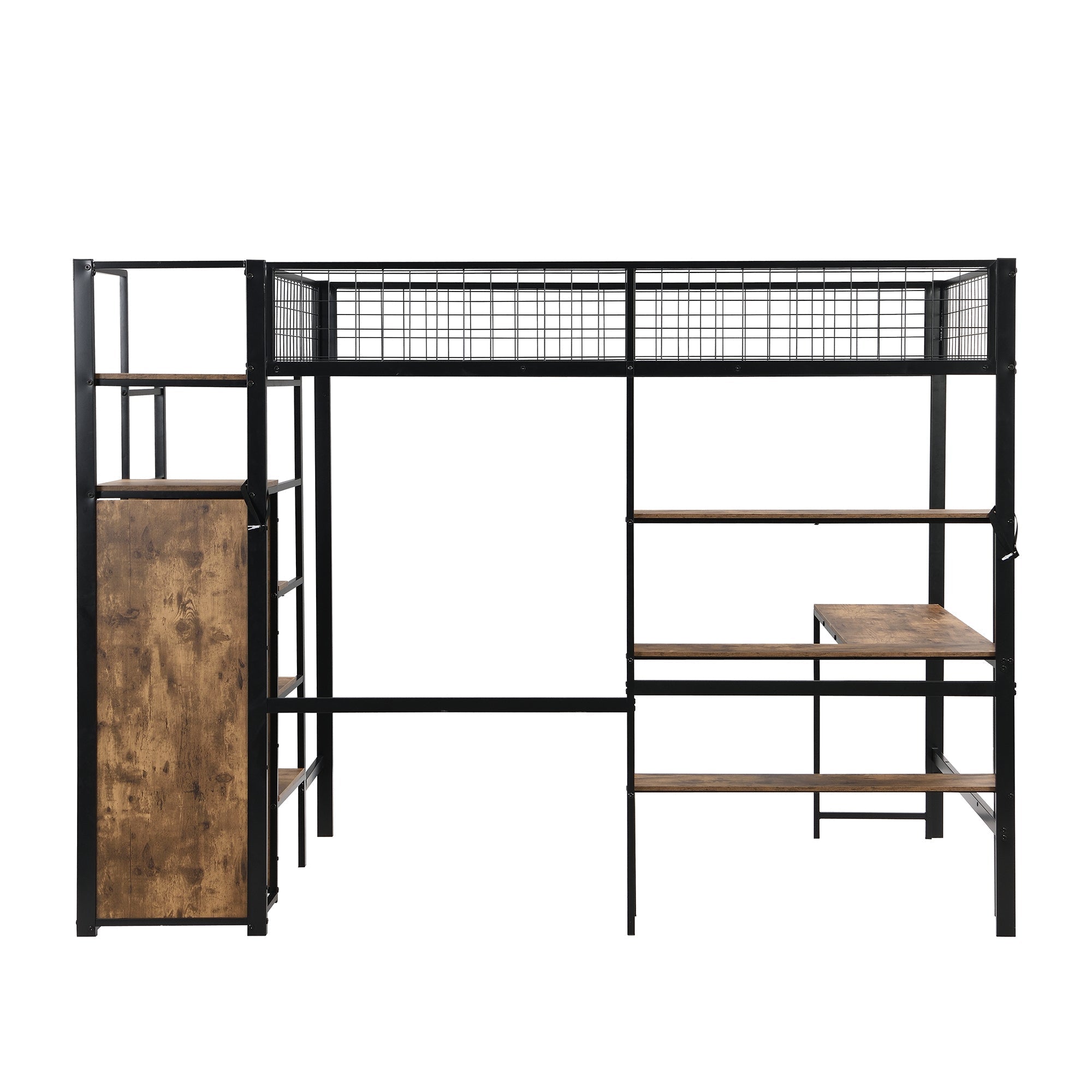 Loft Bed 140x200cm Iron Frame with Storage Ladder Shelves Wardrobe Desk Black