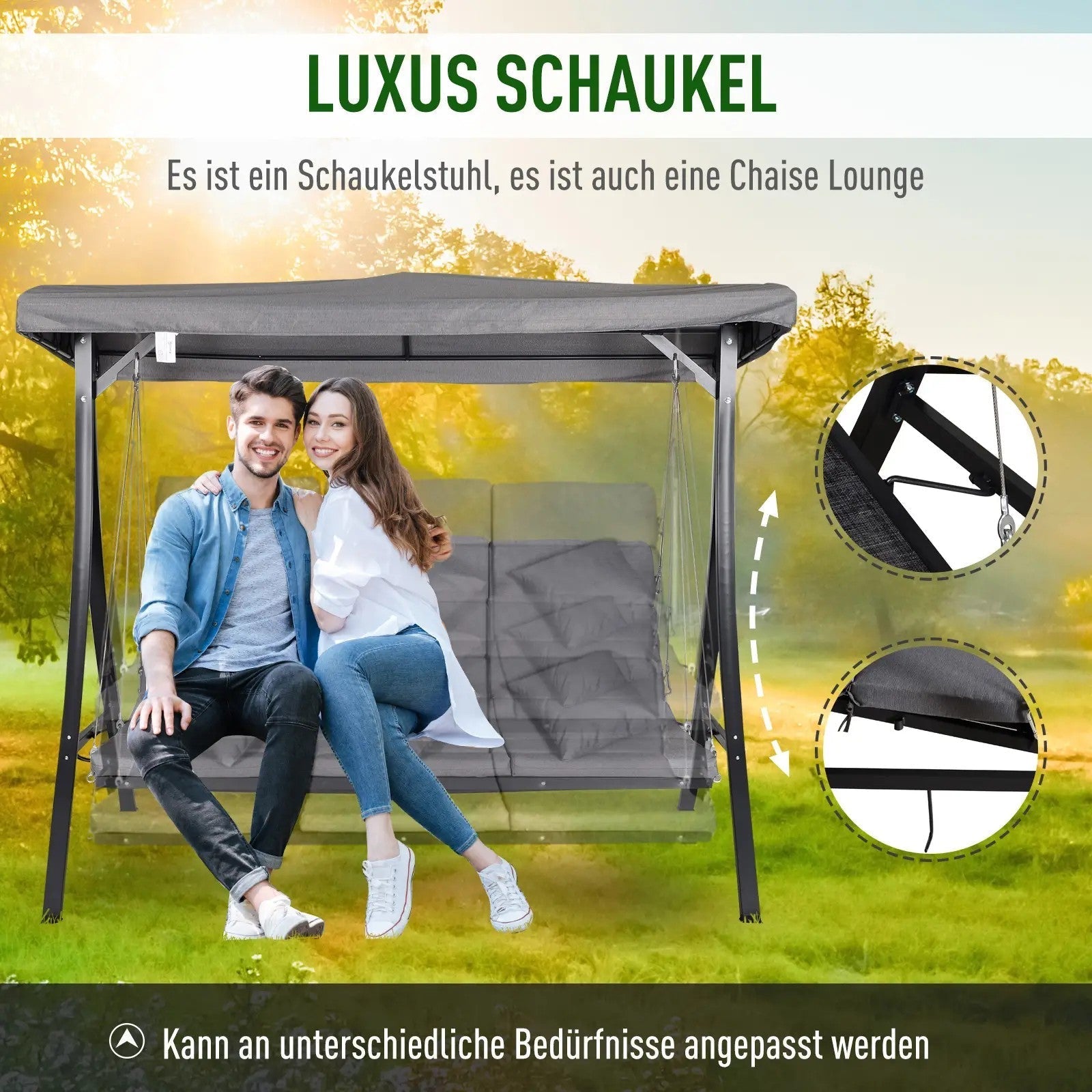 Hollywood Swing 3-Seater, Adjustable Sunshade Cushions, 270 kg Load Capacity