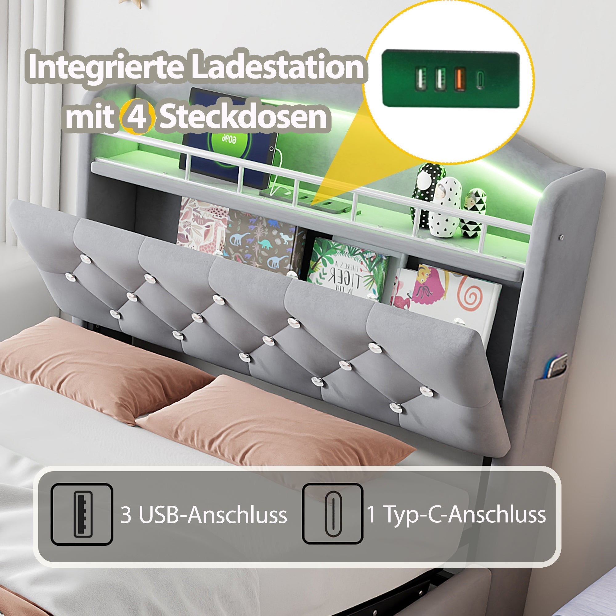 Children's Upholstered Bed, 90x200 Single with Storage, LED & USB, Grey Velvet