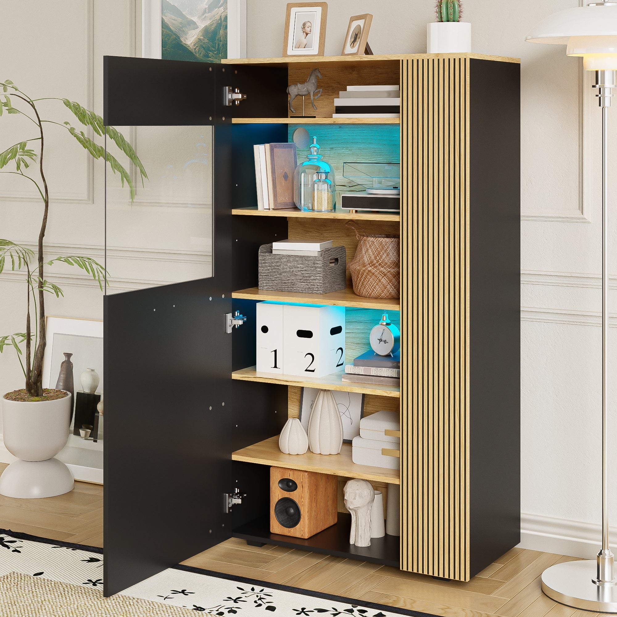 Modern Storage Cabinet, 16-Color LED Lights, Adjustable Shelves, Cable Management, PB with Glass Doors