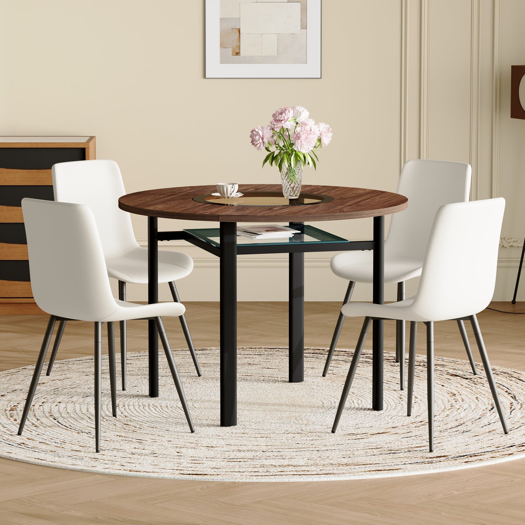 Modern Minimalist Round Table Set 100cm Storage 4 PU Chairs - Brown Wood/White