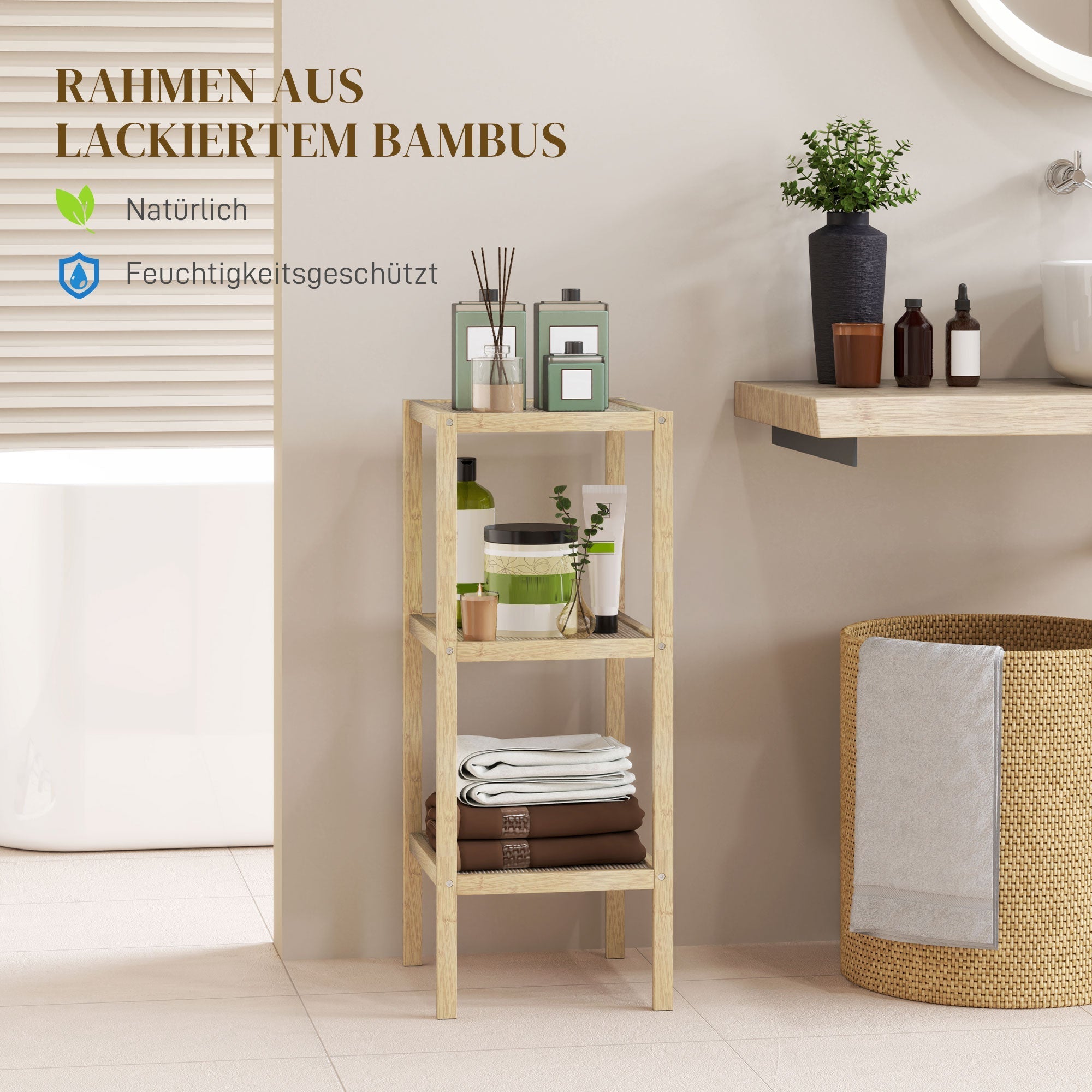 Bathroom Shelf, 3-Tier Freestanding Storage, Natural Wood