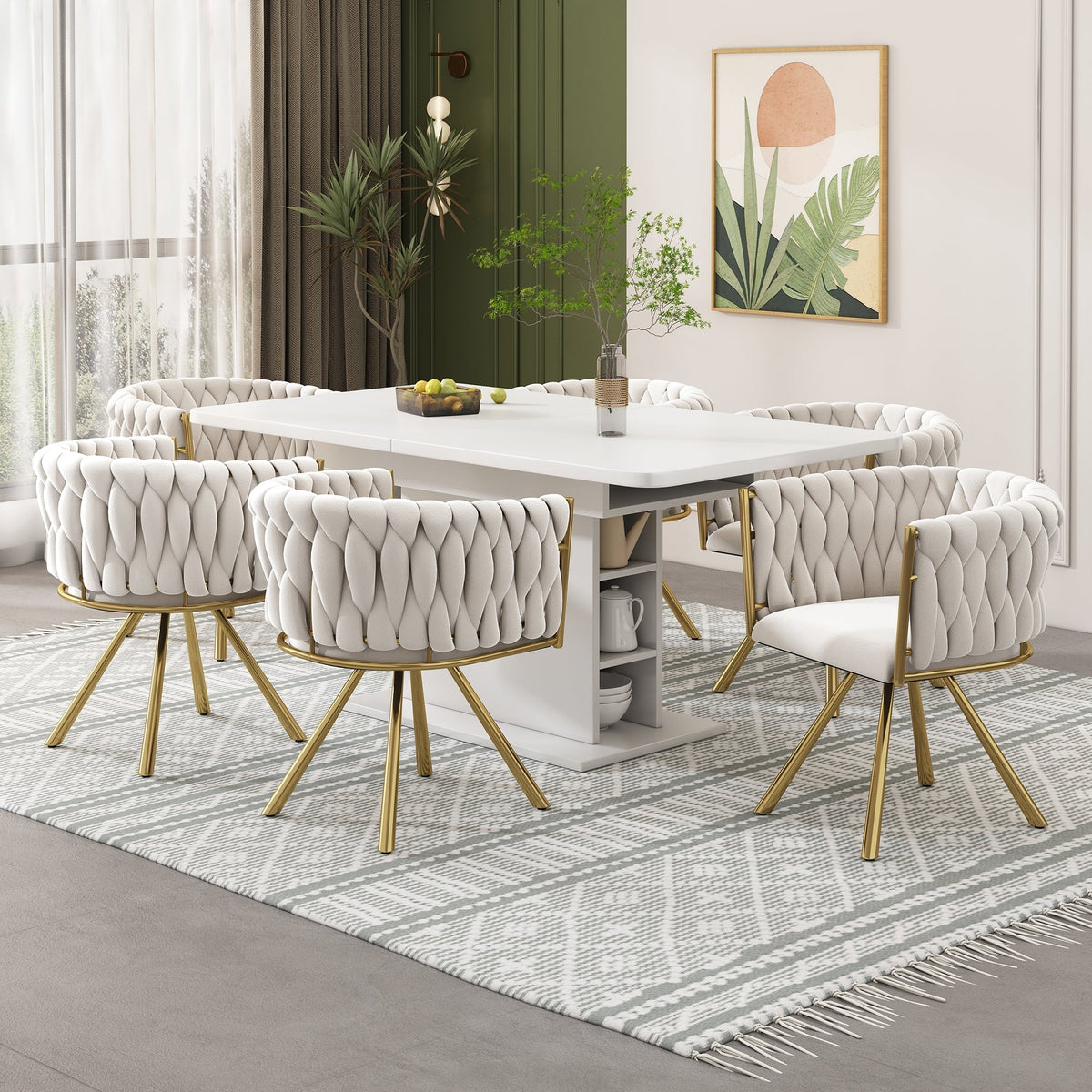 Velvet Dining Chair Set of 4 Swivel Metal Legs - Beige and Gold