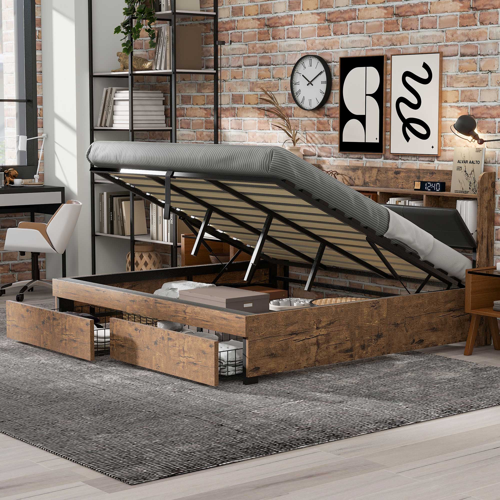 Hydraulic Metal Double Bed with Storage Headboard and Slatted Base, 180x200cm, Wood Color and Black