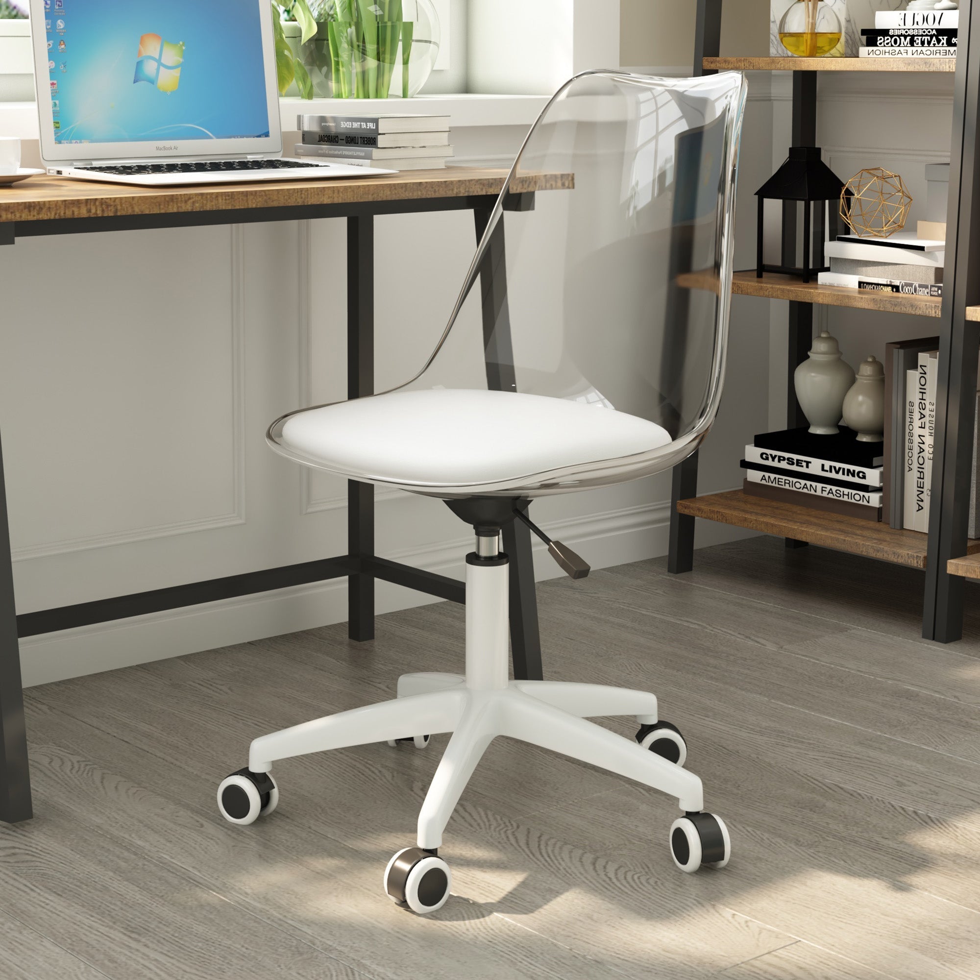 Swivel Chair Transparent Backrest Height-Adjustable PU Upholstery Casters