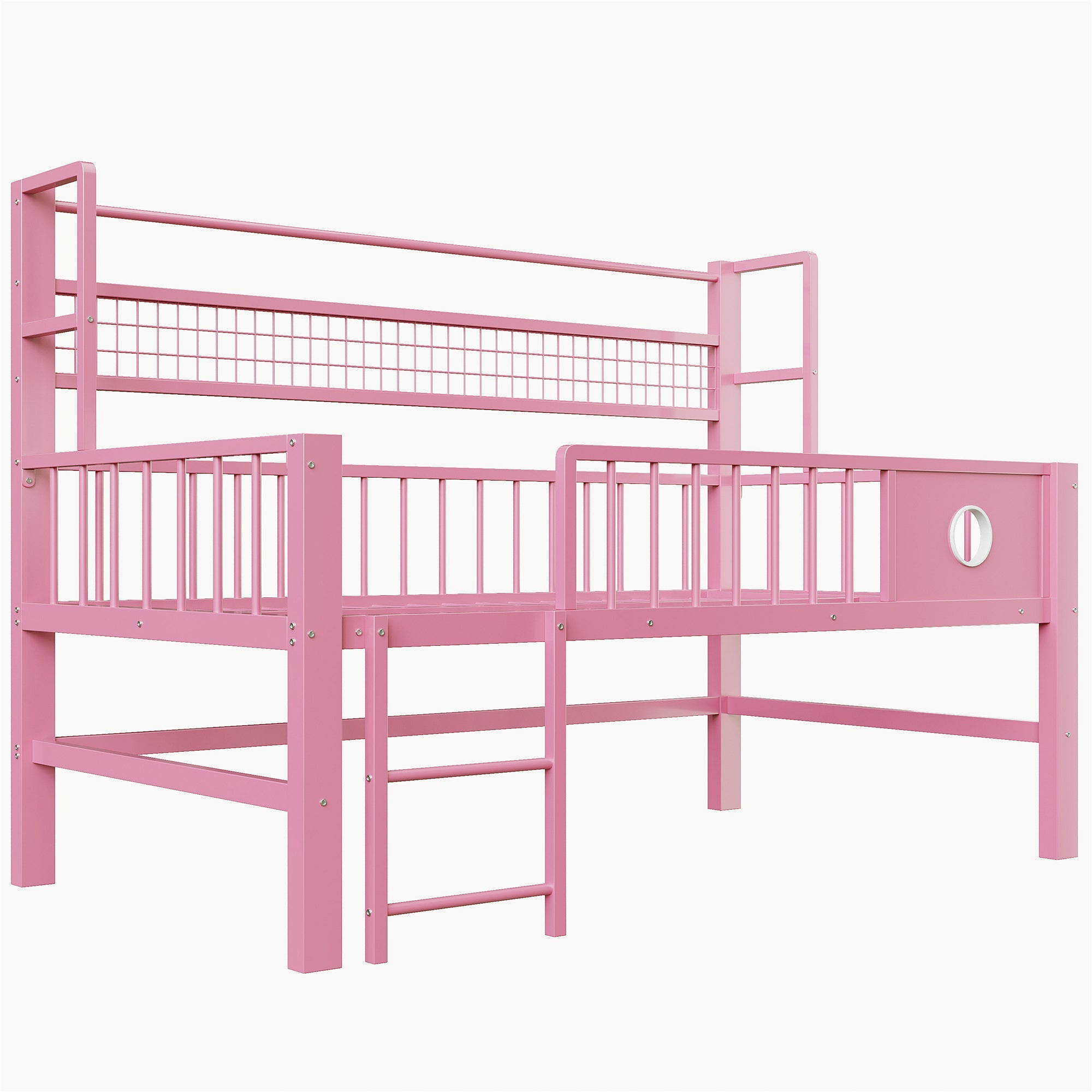 Low Loft Bed with Storage Compartments, 90x200cm, Pink Metal Frame