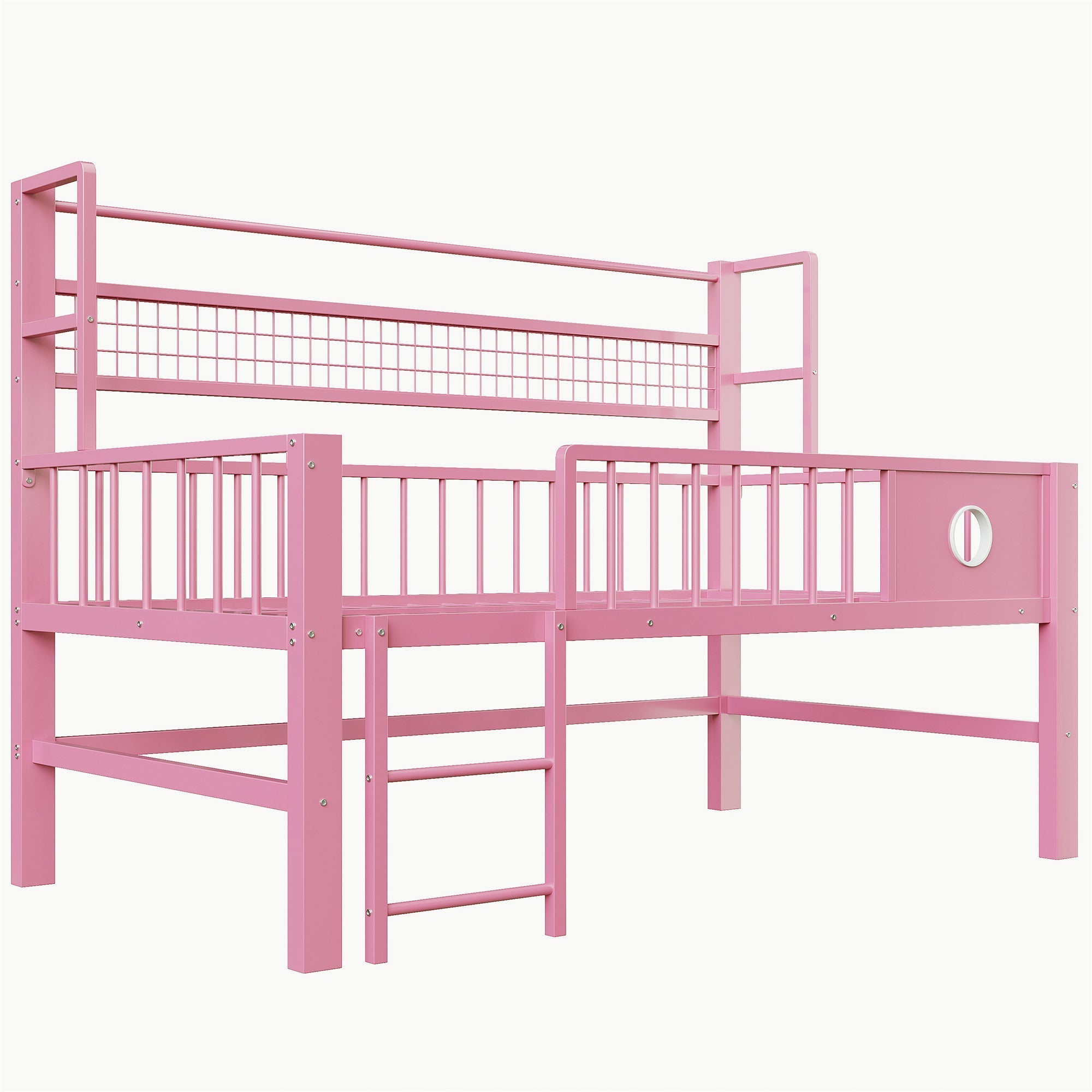 Low Loft Bed with Storage Compartments, 90x200cm, Pink Metal Frame