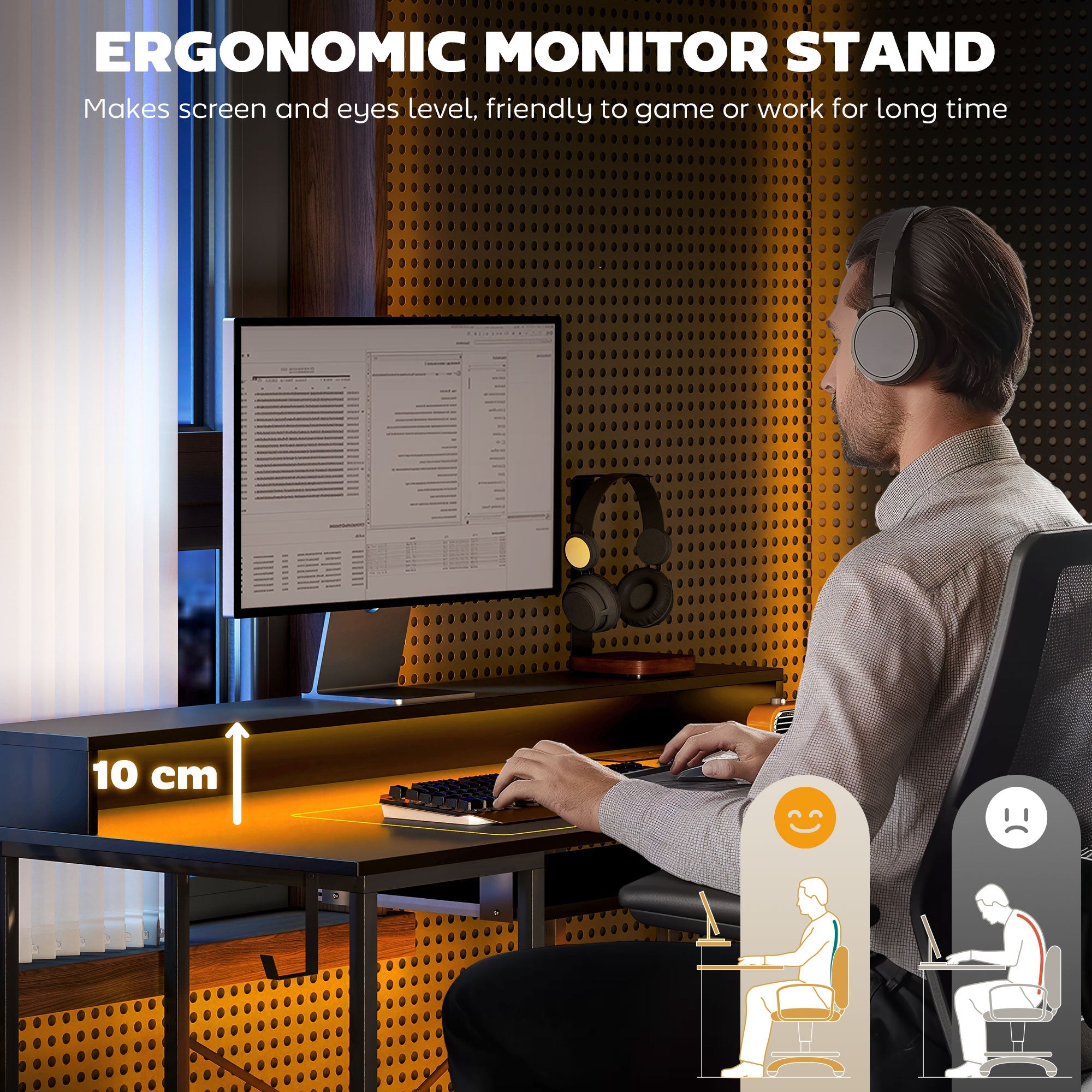Computer Desk with LED Lights, Power Outlets, Monitor Stand, and Storage Shelves, Black