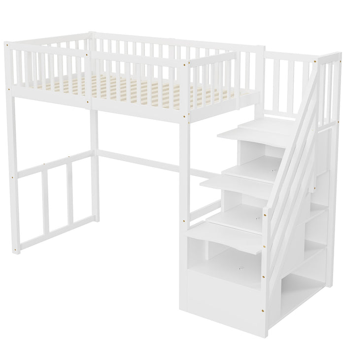 Loft Bed with Safety Storage Ladder, 90x200cm, White Solid Pine Wood