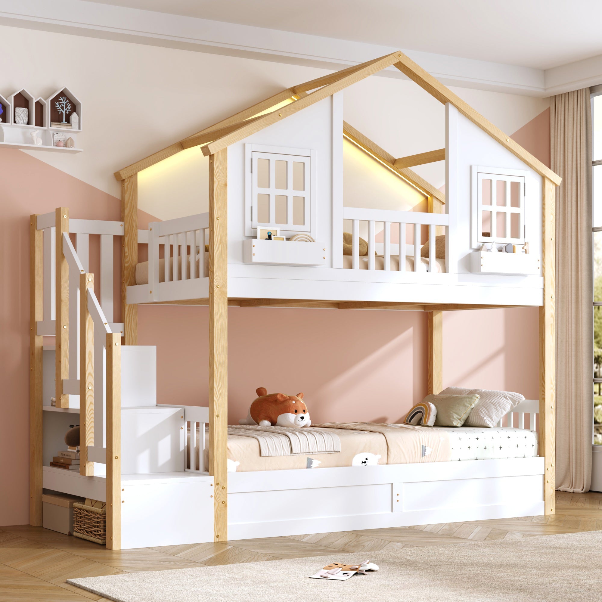 Bunk Bed with Hydraulic Lower Bed, LED Lighting and Storage Stairs, 90x200cm, White and Natural Solid Wood