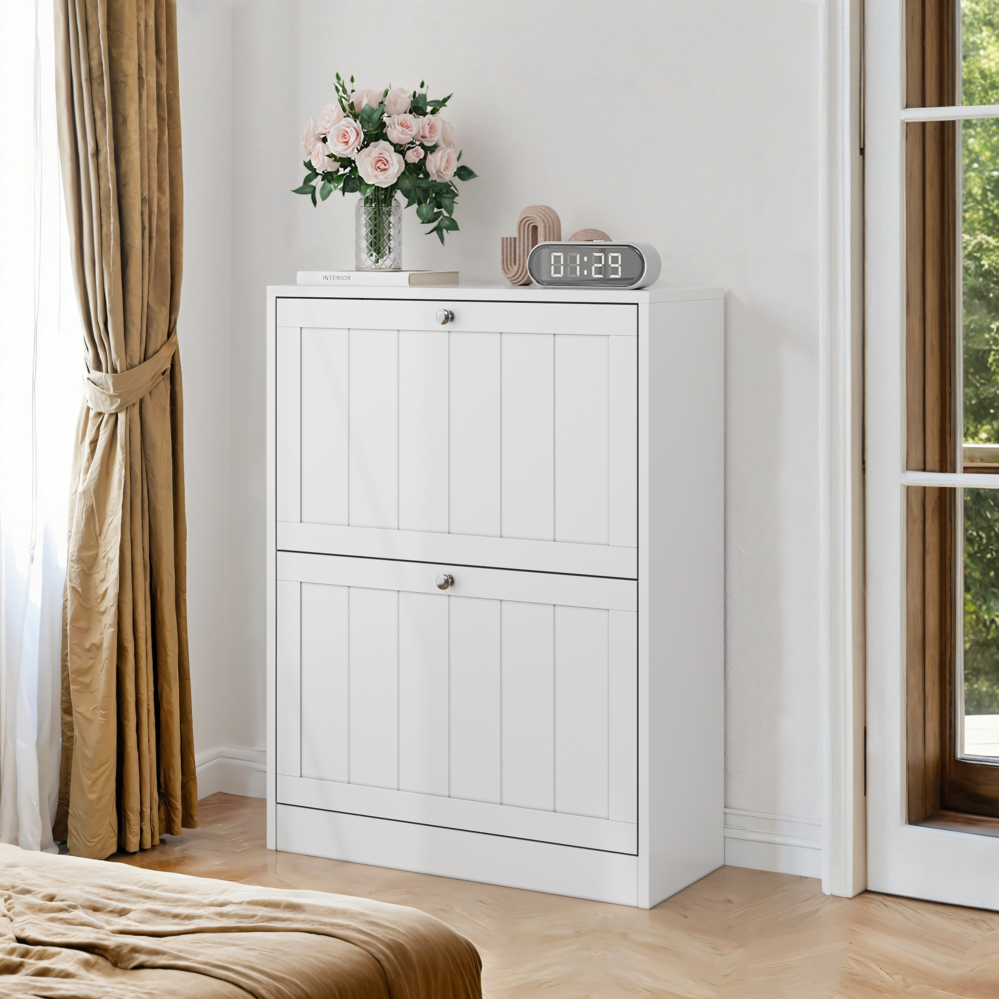 Shoe Cabinet 60cm Mid-Century Modern Freestanding 2 Drop-Down Drawers - White
