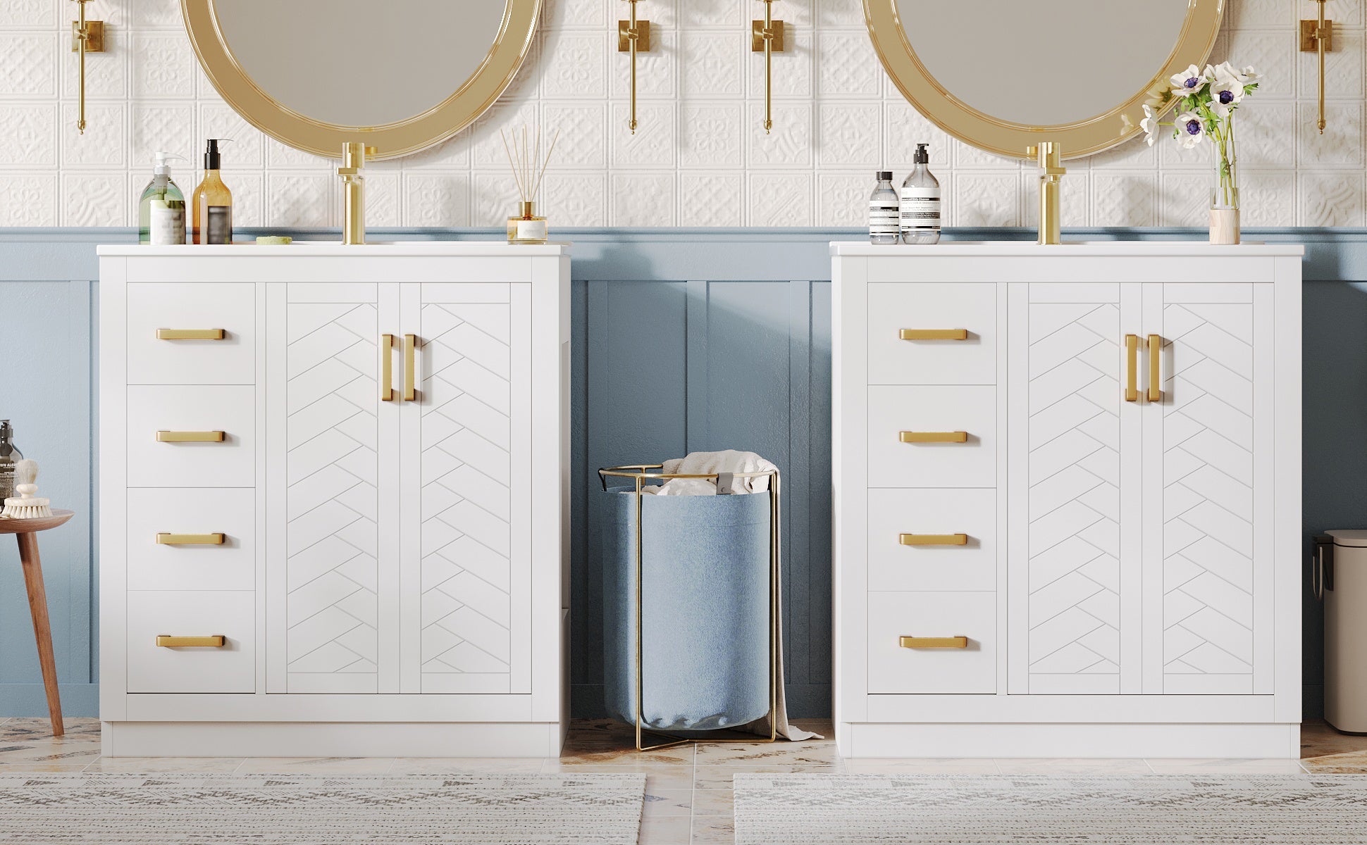 Bathroom Vanity Unit with Ceramic Sink and Side Storage Shelf, White