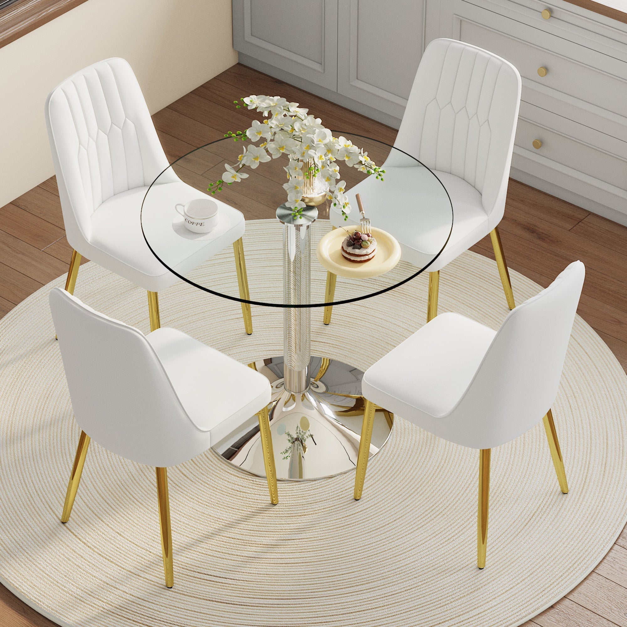 Dining Set Round Glass Table 85cm 4 PU Chairs Gold Legs - White